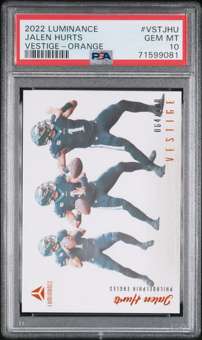 2022 Panini Luminance Vestige #VSTJHU Jalen Hurts Vestige-Orange PSA 10
