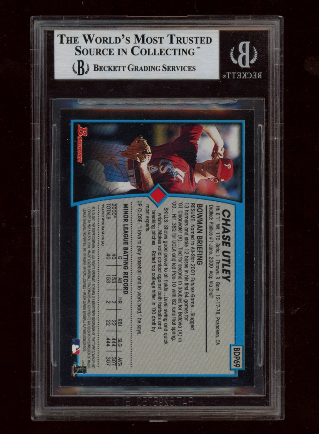 2001 Bowman Draft #BDP69 Chase Utley RC BGS 9.0