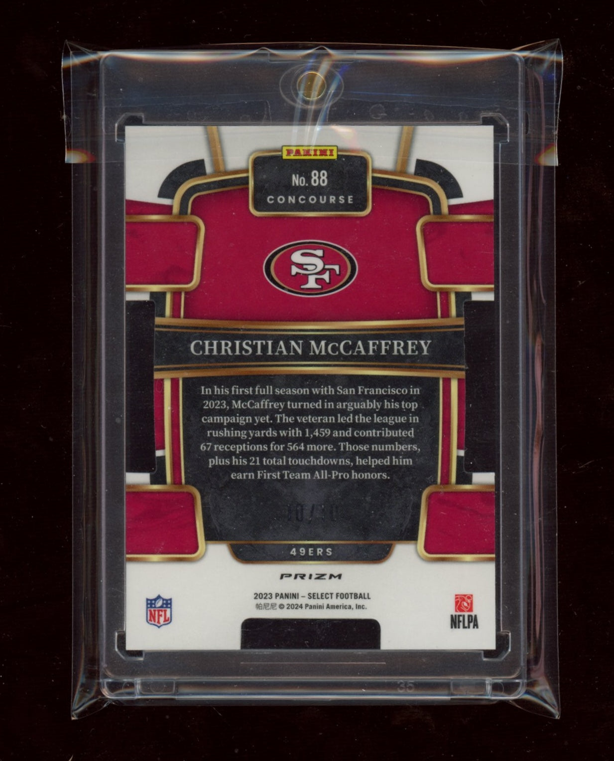 2023 Panini Select #88 Christian McCaffrey Gold Prizms Die Cuts #/10