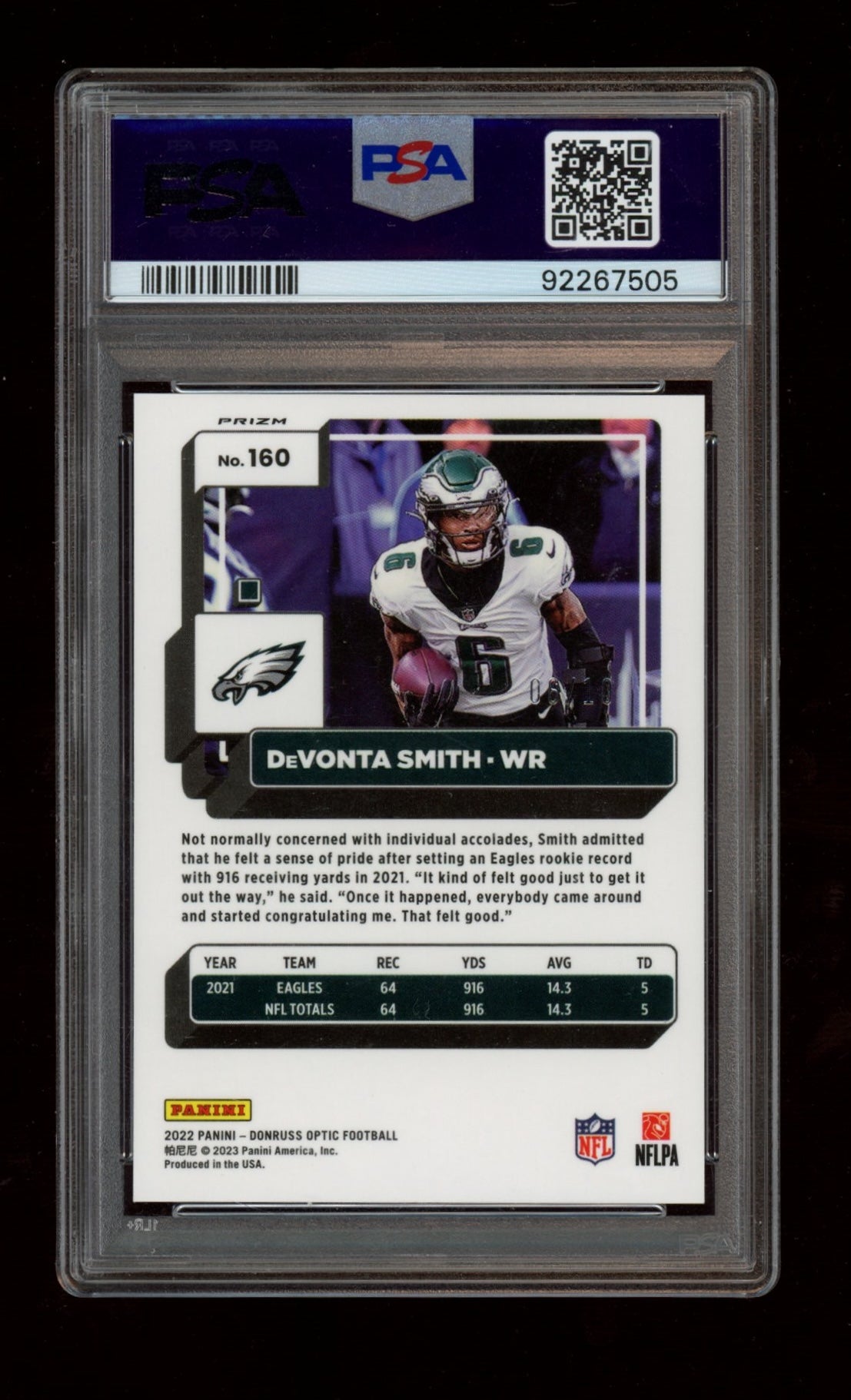 2022 Panini Donruss Optic #160 Devonta Smith Gold PSA 9 JERSEY #