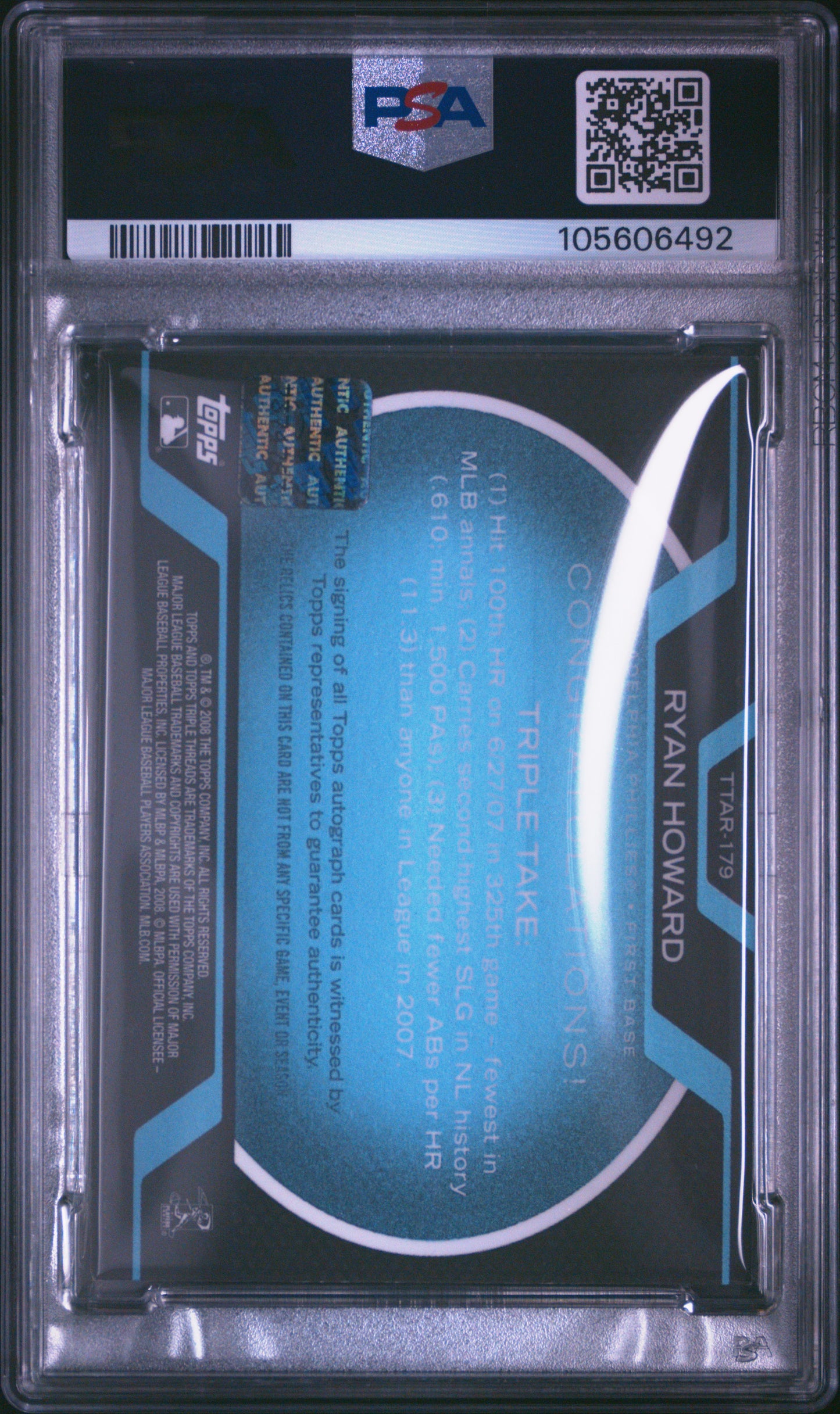 2008 Topps Triple Threads Relics Autographs #179 Ryan Howard Auto /3 PSA 6