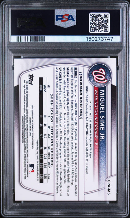 2025 Bowman Draft Chrome Auto#CPA-MS Miguel Sime Jr Gold /50 PSA 9