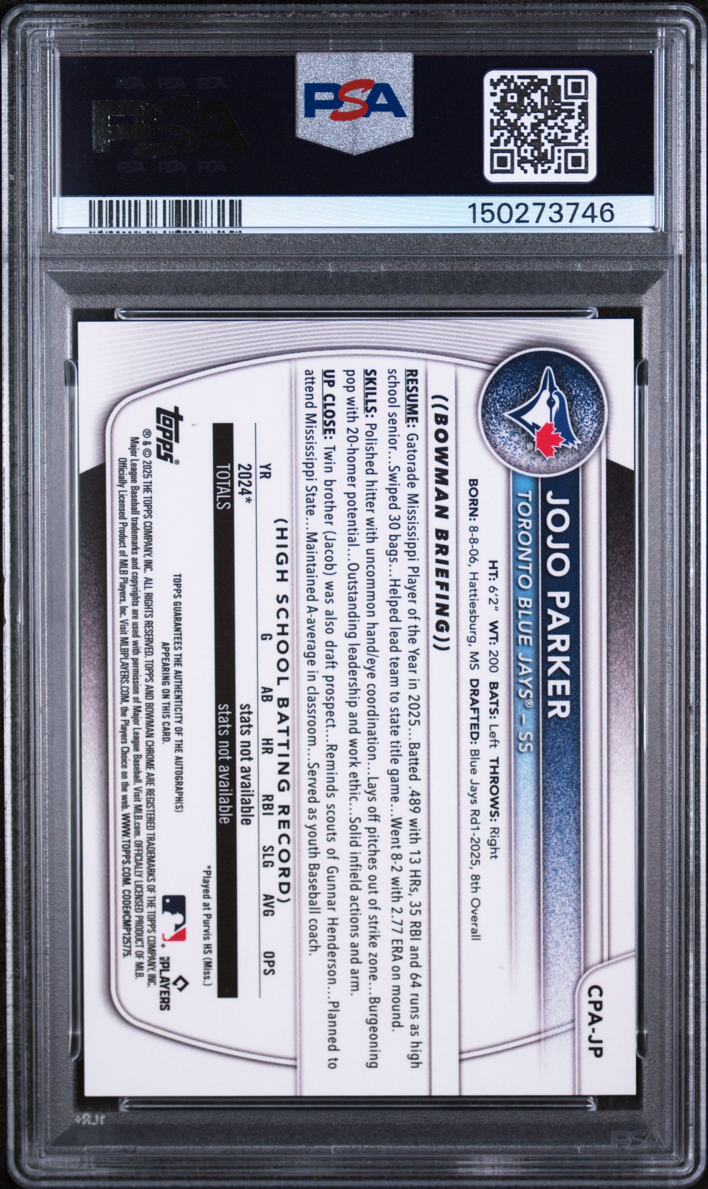 2025 Bowman Draft Chrome Prospect Auto #CPA-JP Jojo Parker Purple /250 PSA 10