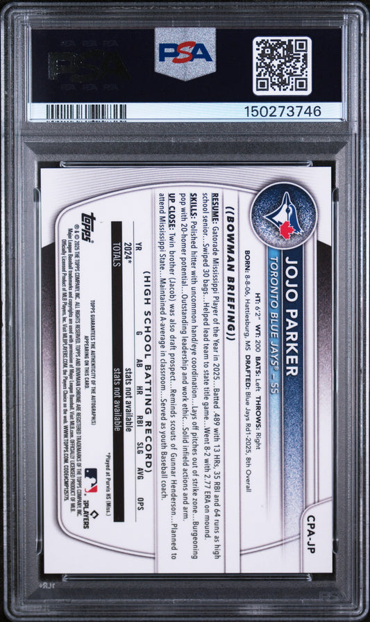 2025 Bowman Draft Chrome Prospect Auto #CPA-JP Jojo Parker Purple /250 PSA 10