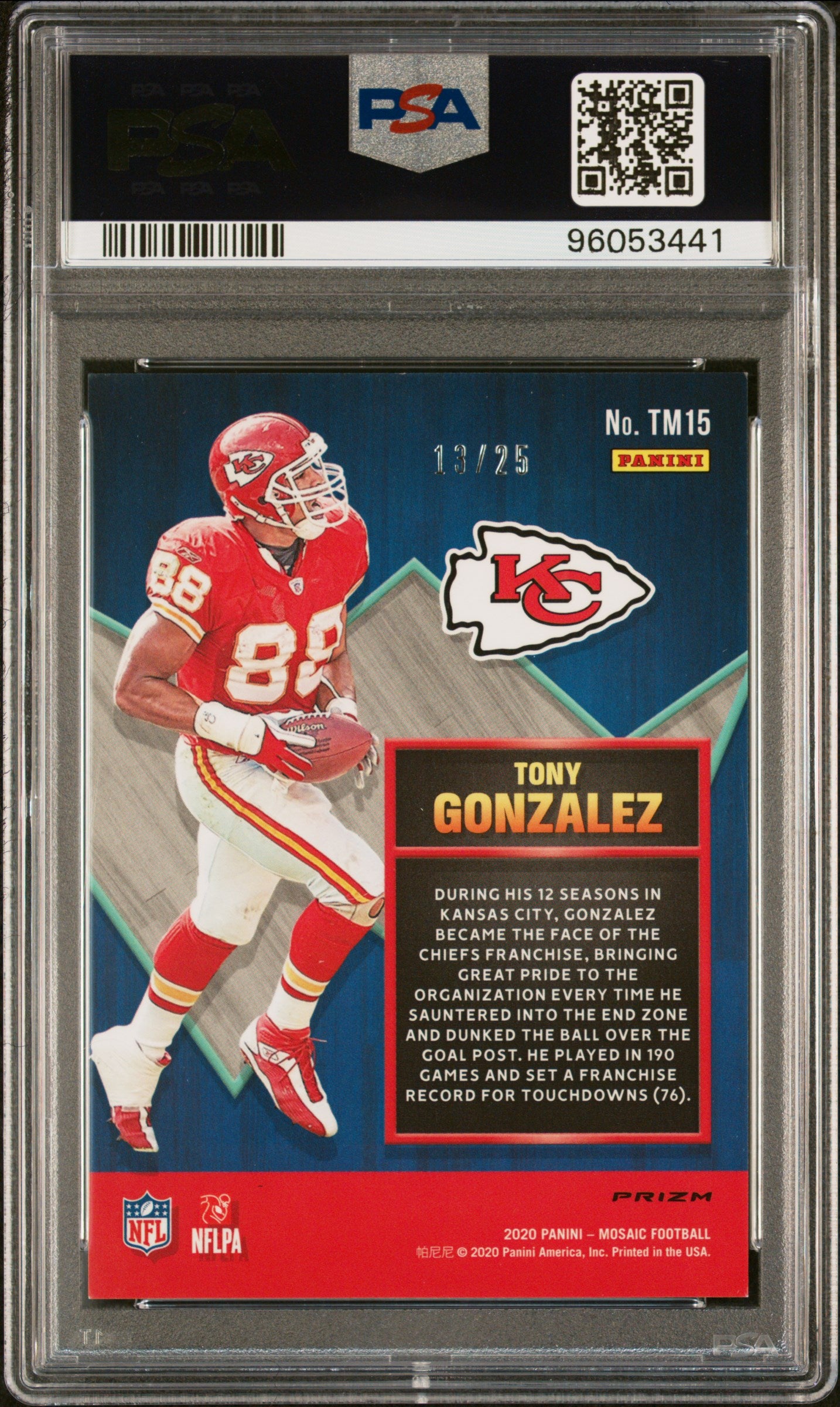 2020 Panini Mosaic Touchdown Masters #TM15 Tony Gonzalez /25 Orange PSA 10