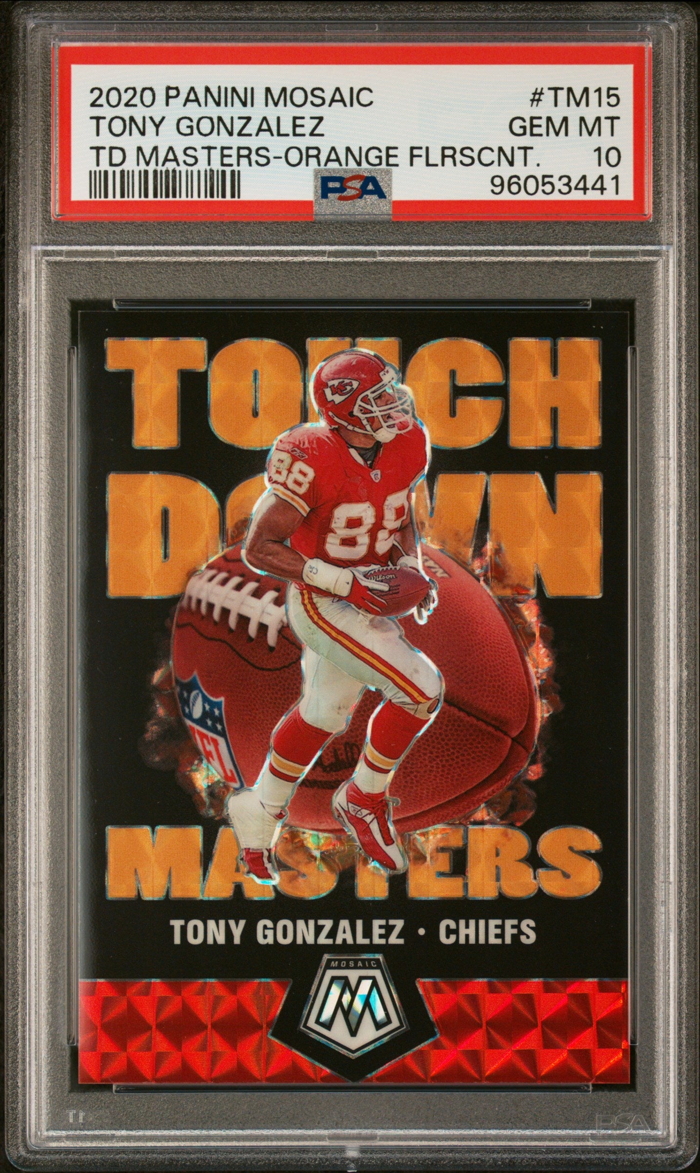 2020 Panini Mosaic Touchdown Masters #TM15 Tony Gonzalez /25 Orange PSA 10
