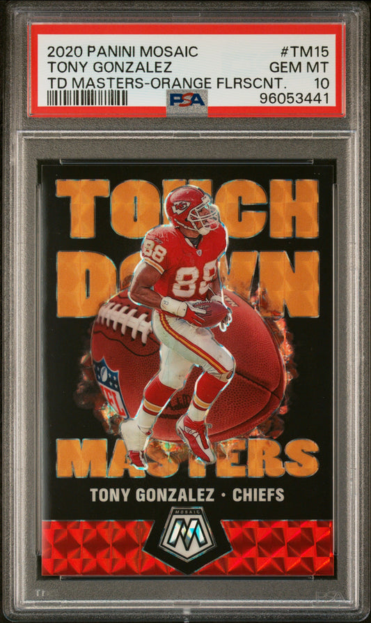 2020 Panini Mosaic Touchdown Masters #TM15 Tony Gonzalez /25 Orange PSA 10