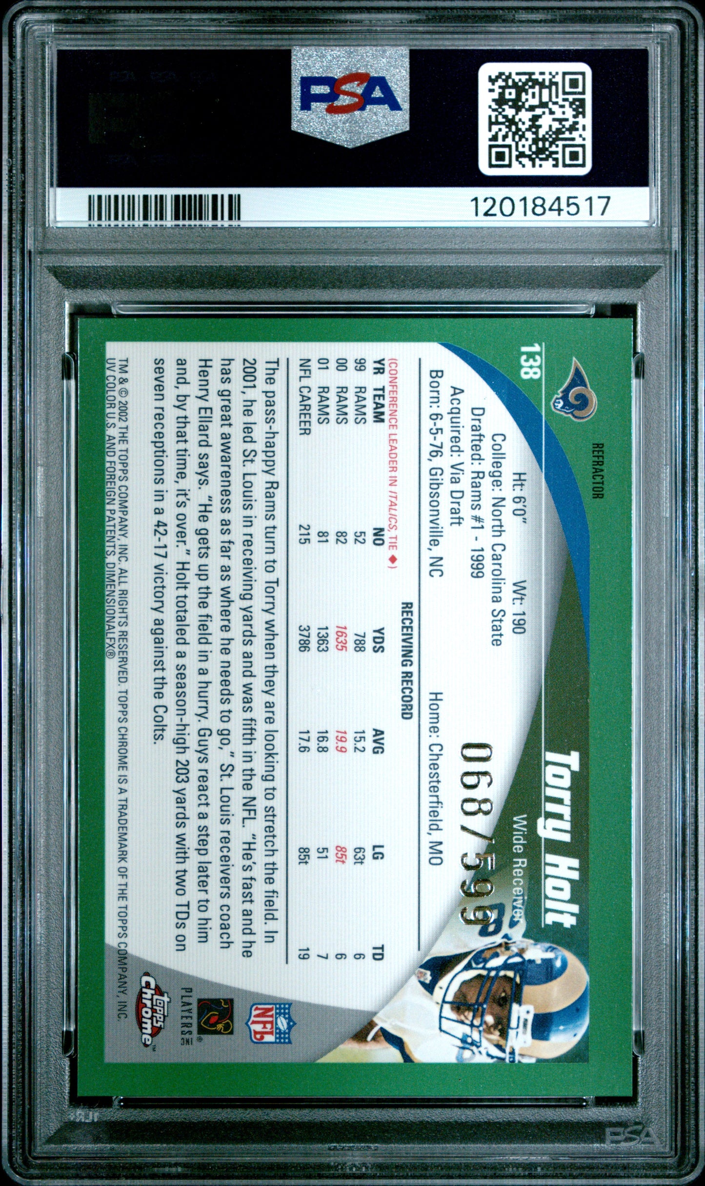 2002 Topps Chrome #138 Torry Holt Black Refractor PSA 10