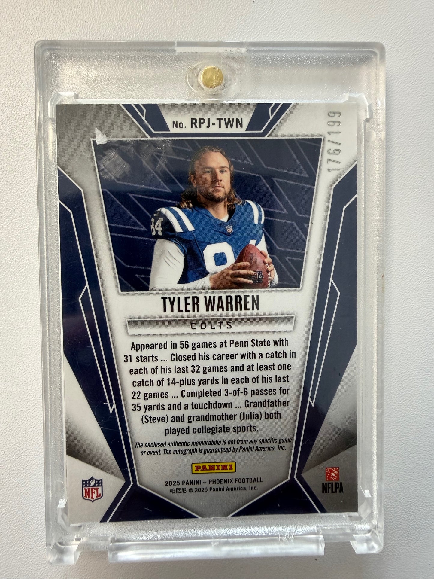 2025 Panini Phoenix #RPJ-TWN Tyler Warren RC Jersey Auto Pandora Prizm #/199