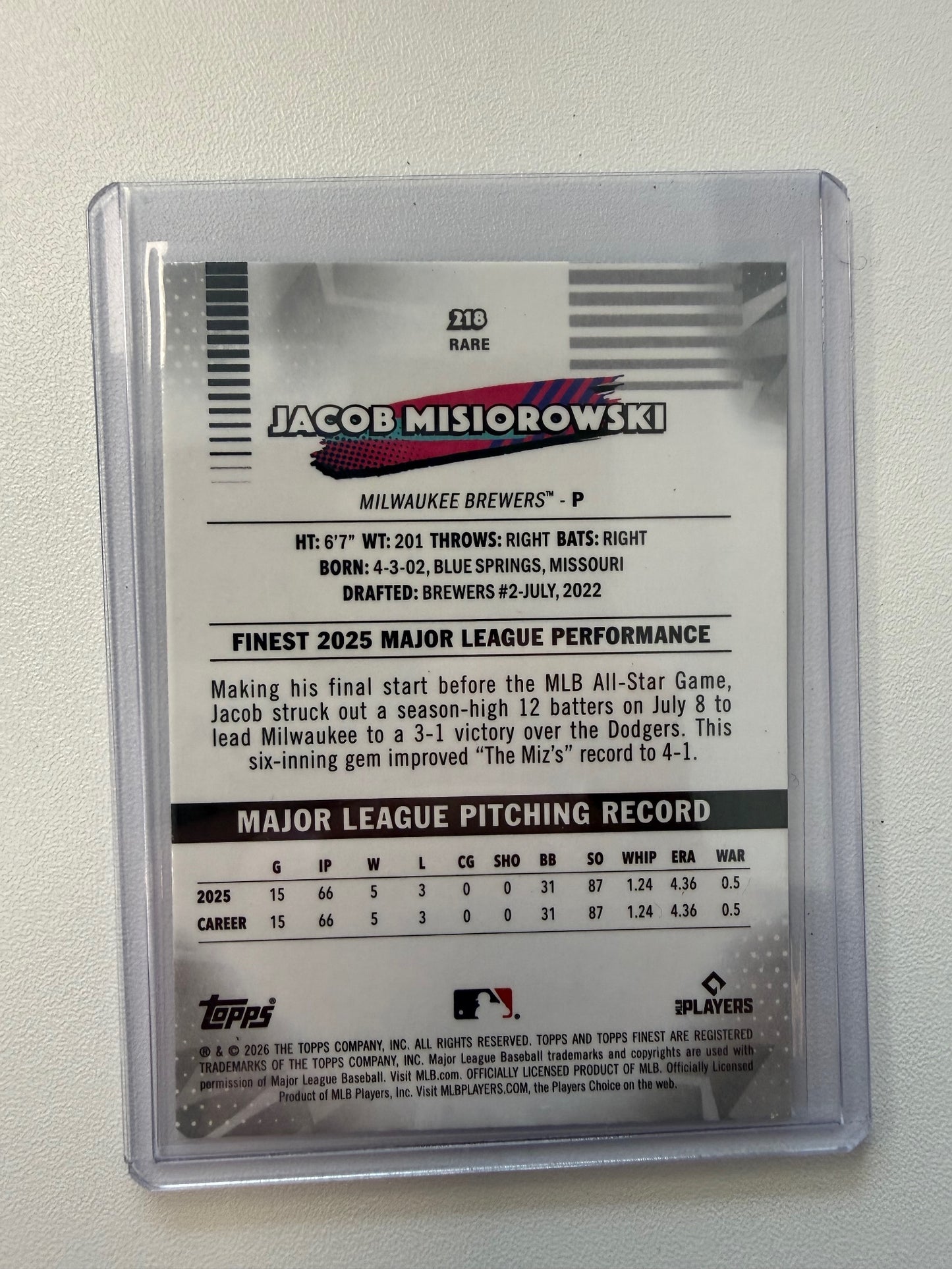 2026 Finest #218 Jacob Misiorowski Green Refractors #/99