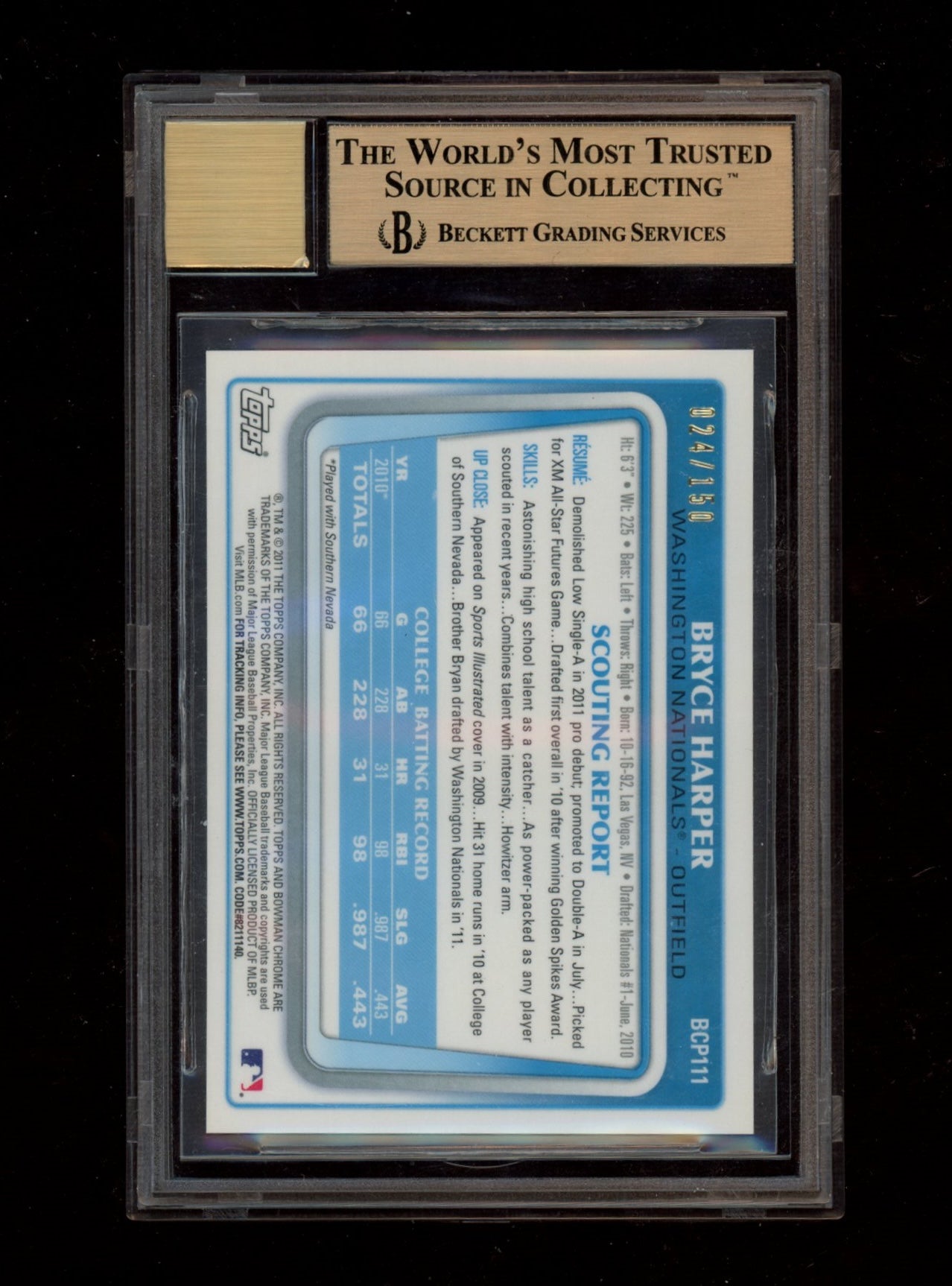 2011 Bowman Chrome Prospect Auto Blue /150 #BCP111B Bryce Harper BGS 9.5