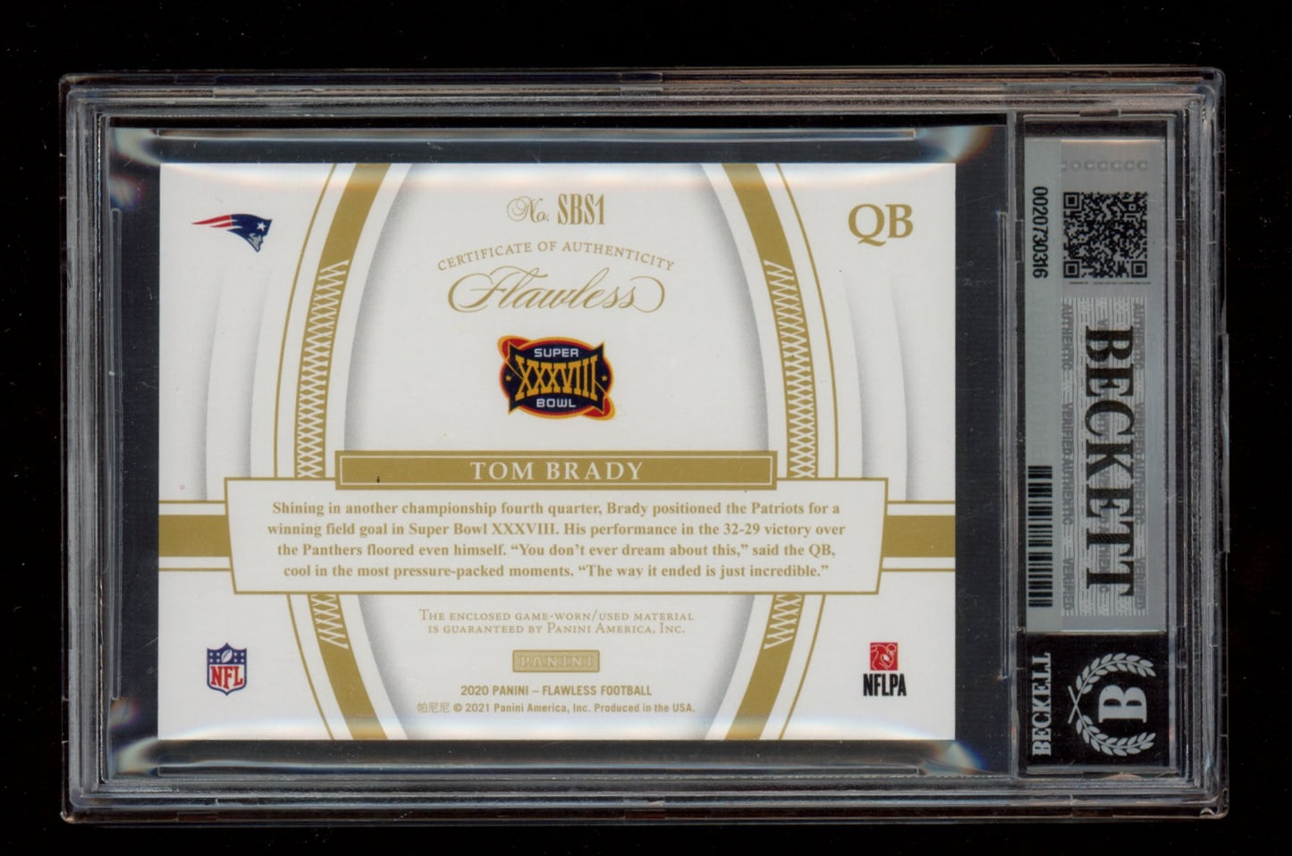 2020 Panini Flawless Super Bowl Swatches #1 Tom Brady BGS 9.0