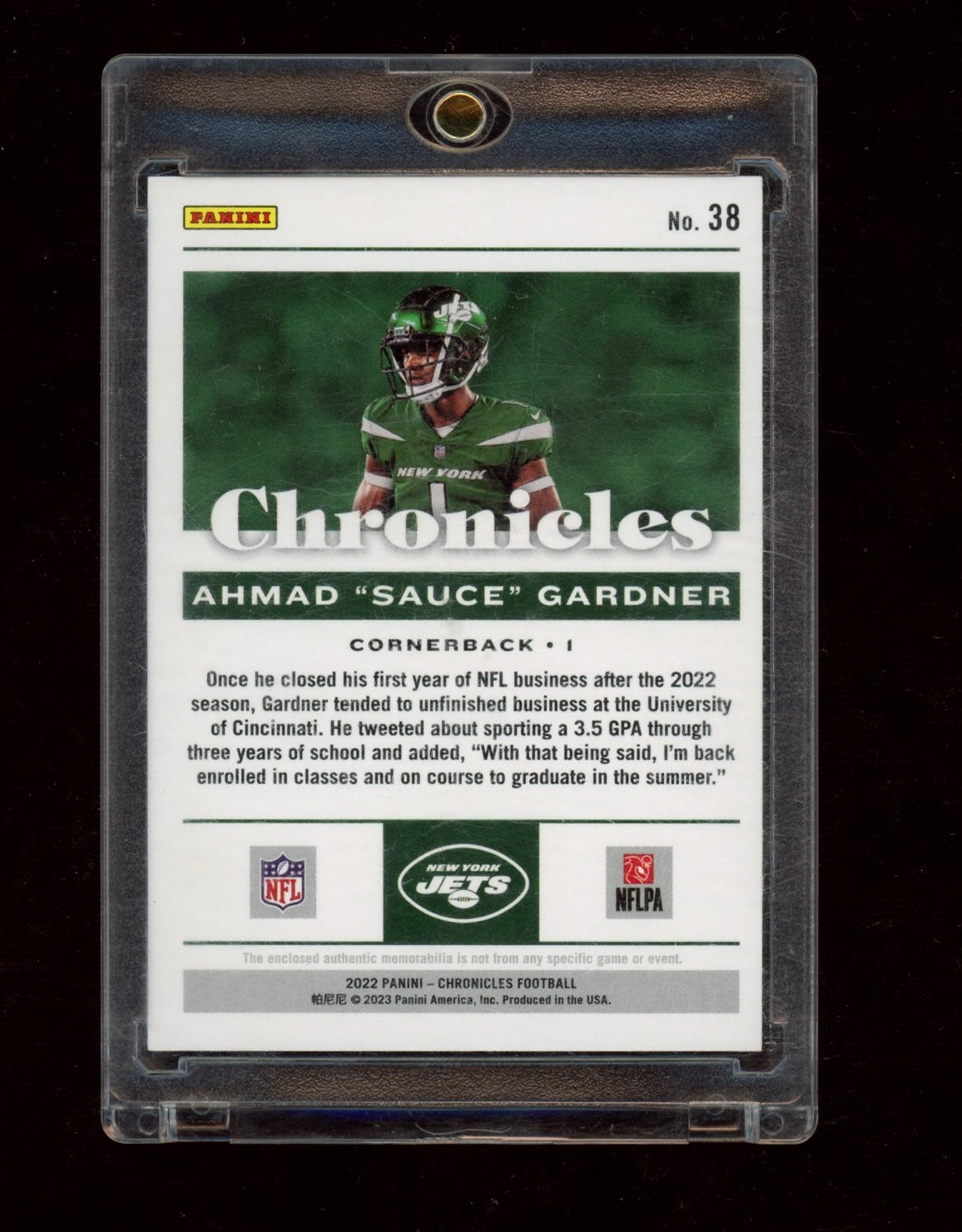 2022 Panini Chronicles #38 Ahmad "Sauce" Gardner Jersey Tag #/1