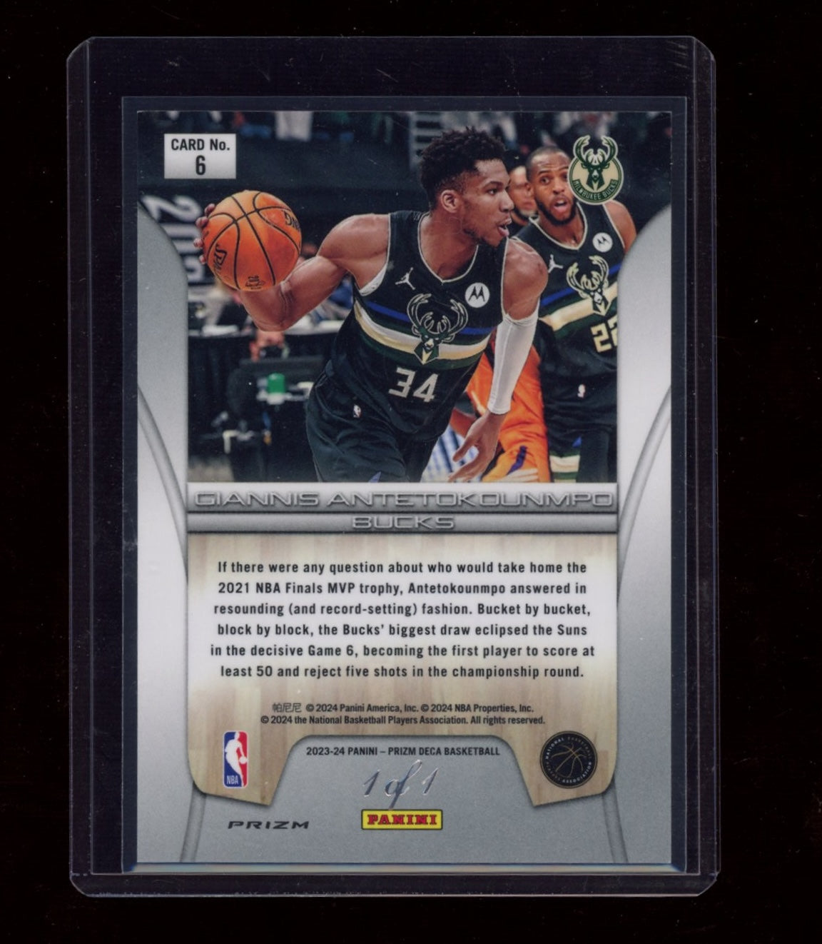 2023-24 Panini Prizm Deca #6 Giannis Antetokounmpo Finalists Prizms Black #/1