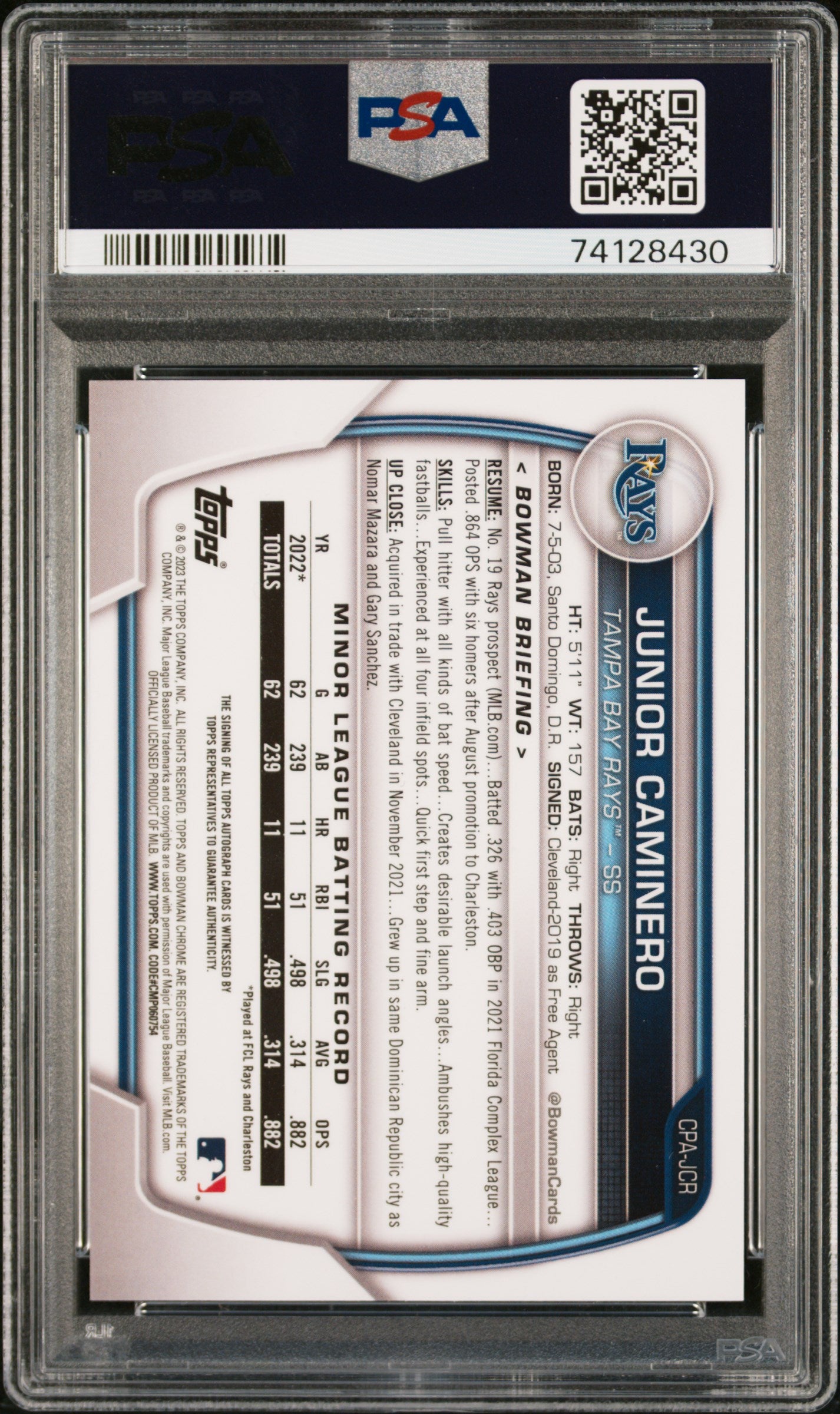 2023 Bowman Chrome Prospect Auto #CPAJCR Junior Caminero Speckle Ref PSA 10
