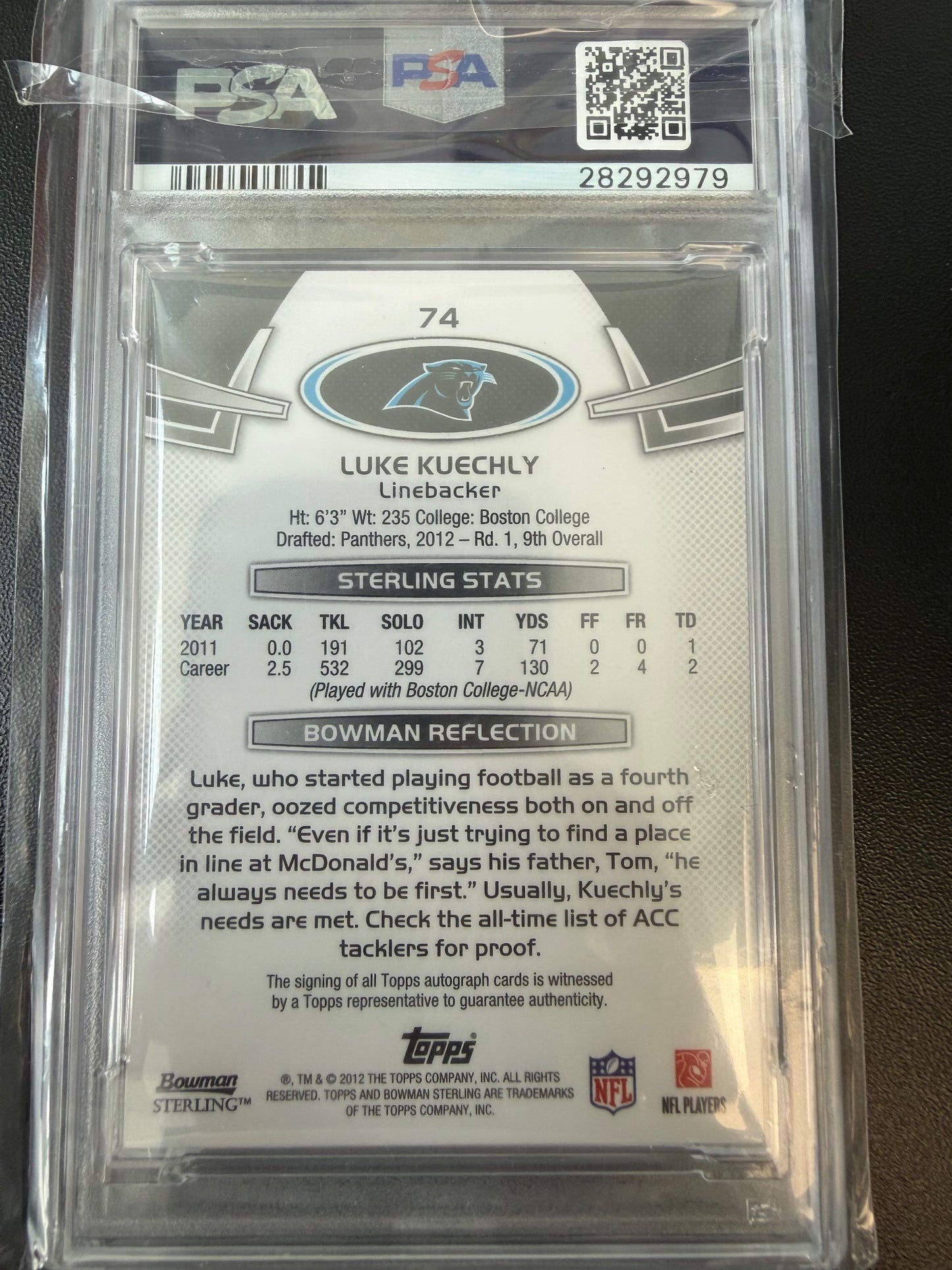 2012 Bowman Sterling #74 Luke Kuechly Autographs PSA 9