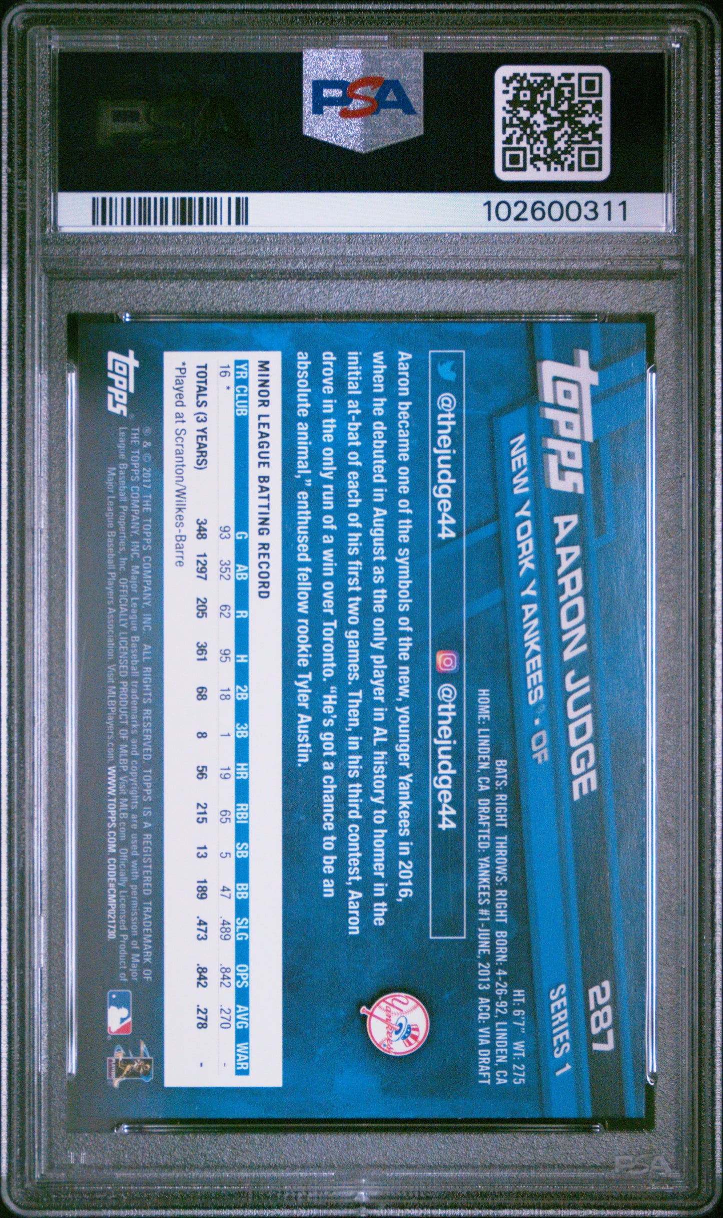 2017 Topps #287 Aaron Judge PSA 9