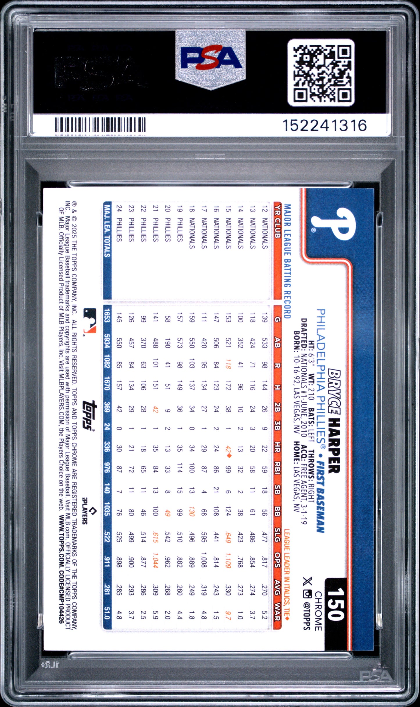2025 Topps Chrome Logofractor Edition #150 Bryce Harper Purple Refractor PSA 10