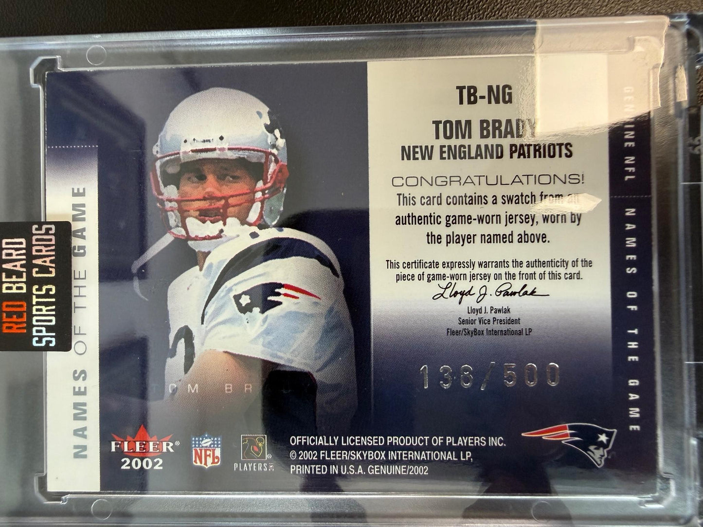 2002 Fleer Genuine #TB-NG Tom Brady Names of the Game Jerseys #/500