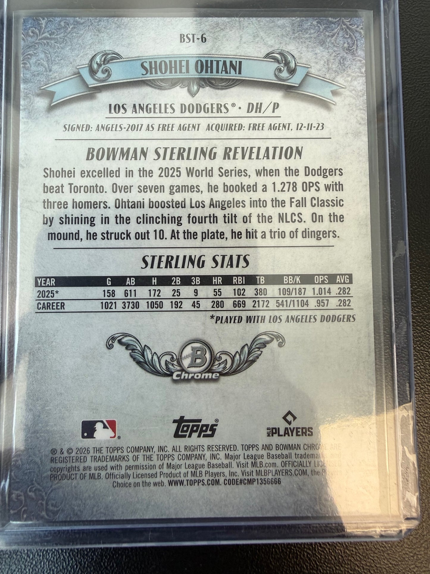 2026 Bowman #BST-6 Shohei Ohtani Bowman Sterling Mojo Blue Refractors #/150