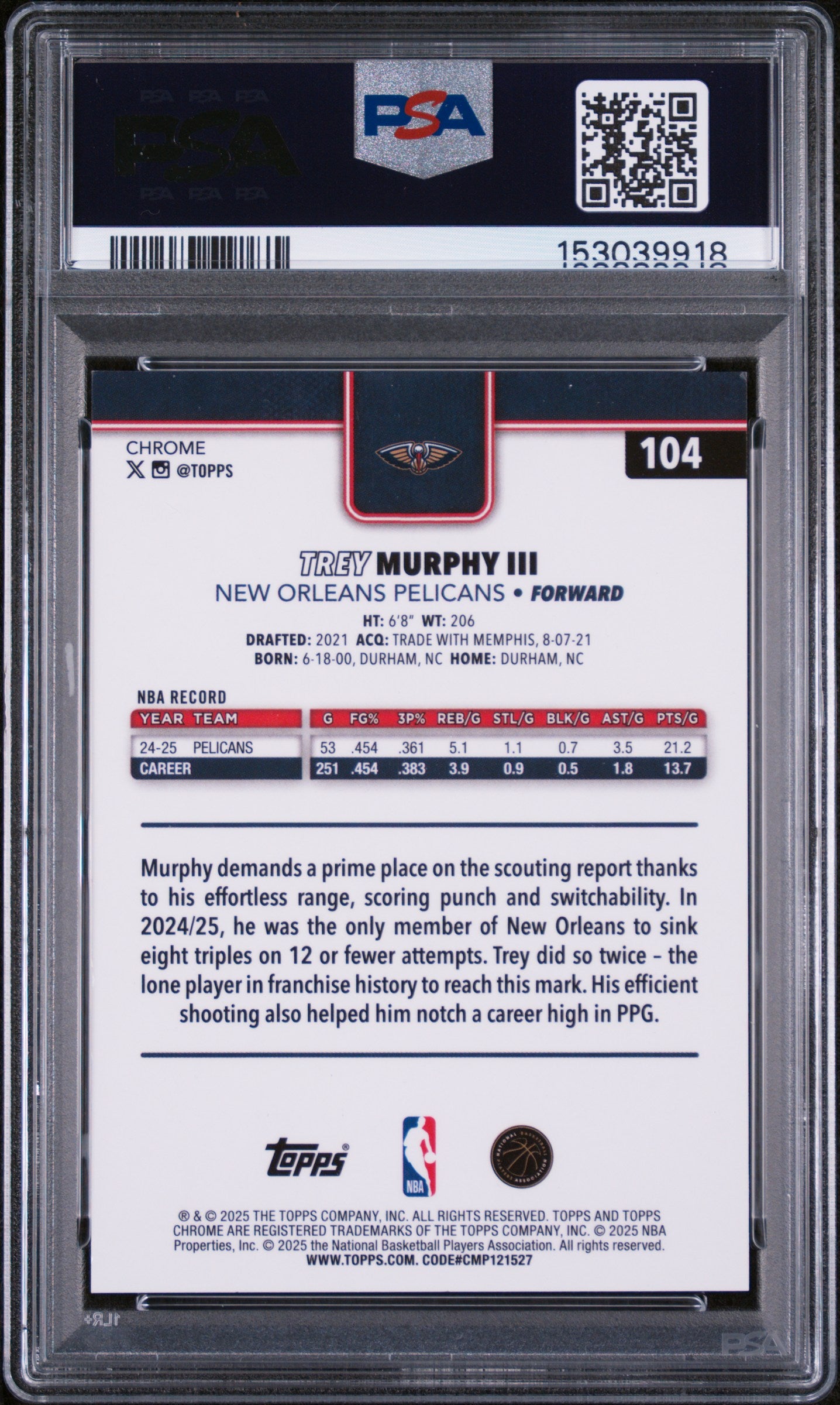 2025 Topps Chrome #104 Trey Murphy Iii Orange Raywave PSA 9 JERSEY #