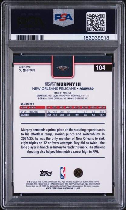 2025 Topps Chrome #104 Trey Murphy Iii Orange Raywave PSA 9 JERSEY #