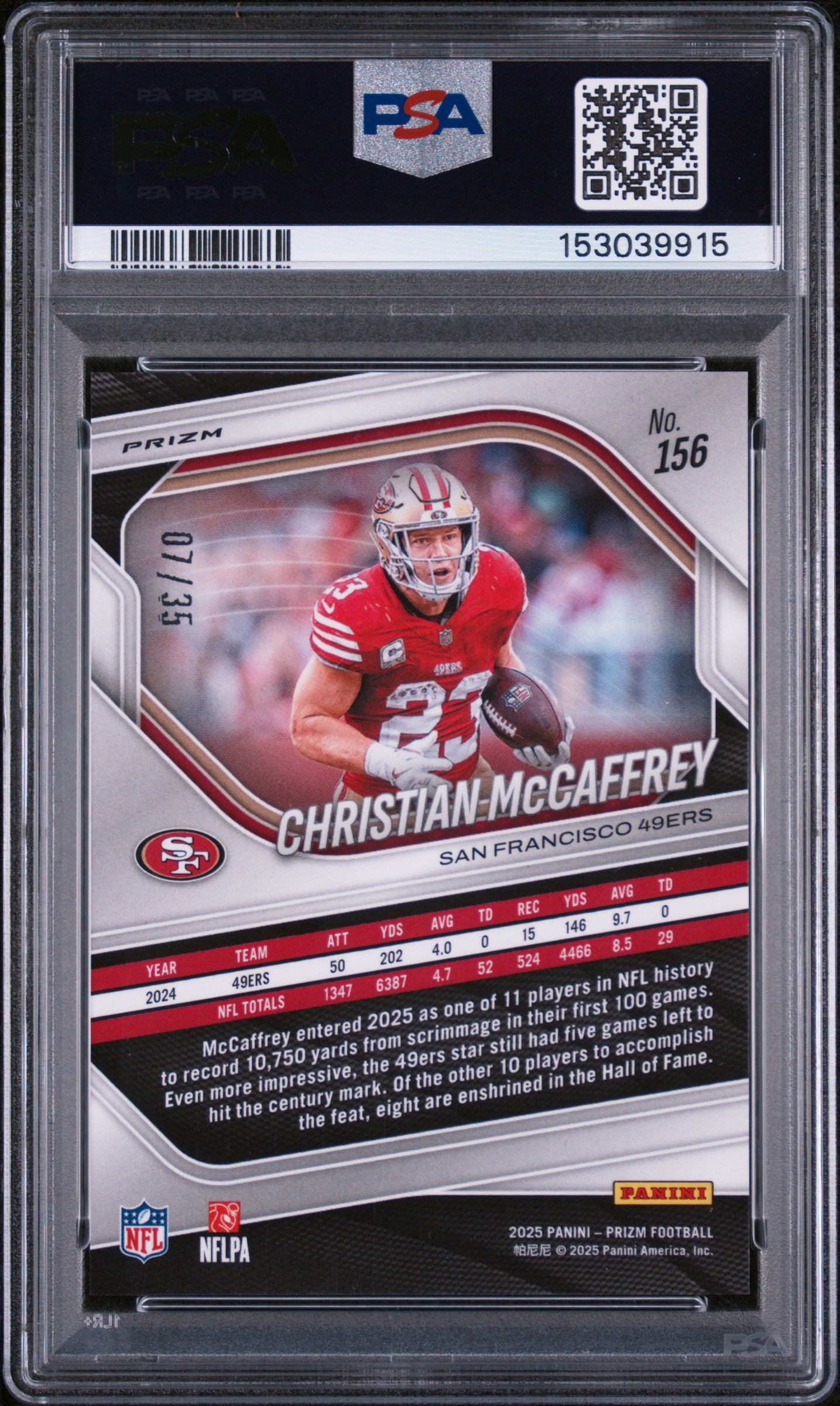 2025 Panini Prizm #156 Christian Mccaffrey Blue Shimmer PSA 10