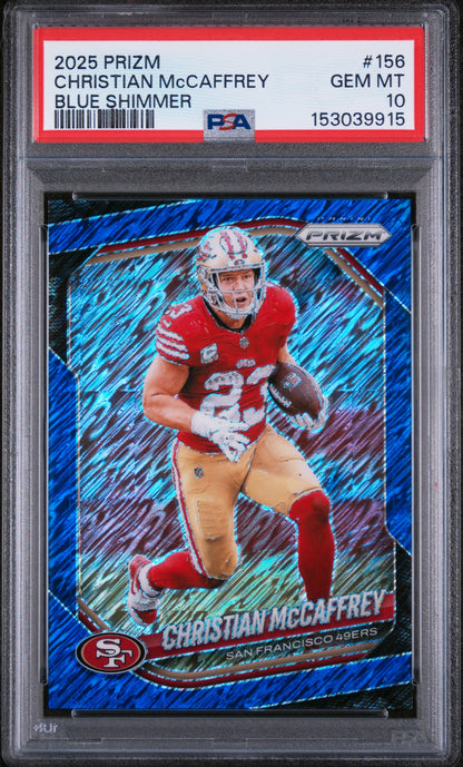 2025 Panini Prizm #156 Christian Mccaffrey Blue Shimmer PSA 10