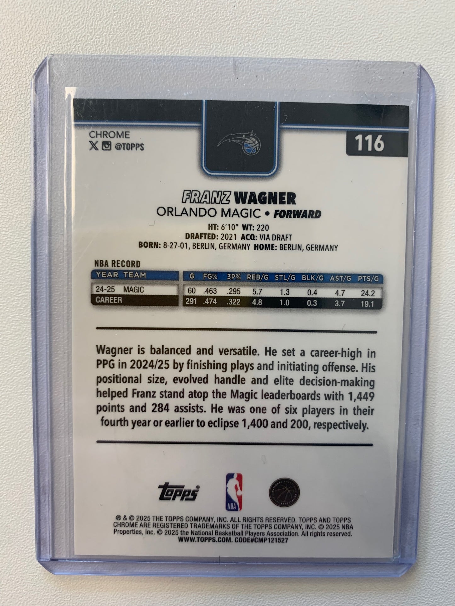 2025-26 Topps Chrome #116 Franz Wagner Gold Refractor #/50