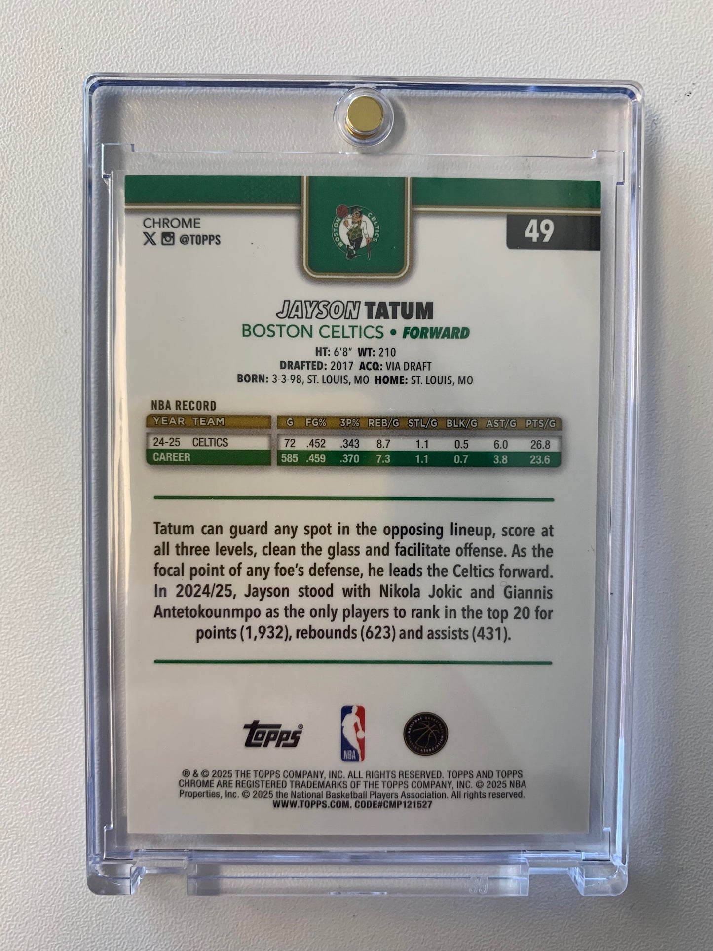 2025-26 Topps Chrome #49 Jayson Tatum Gold Refractor #/50