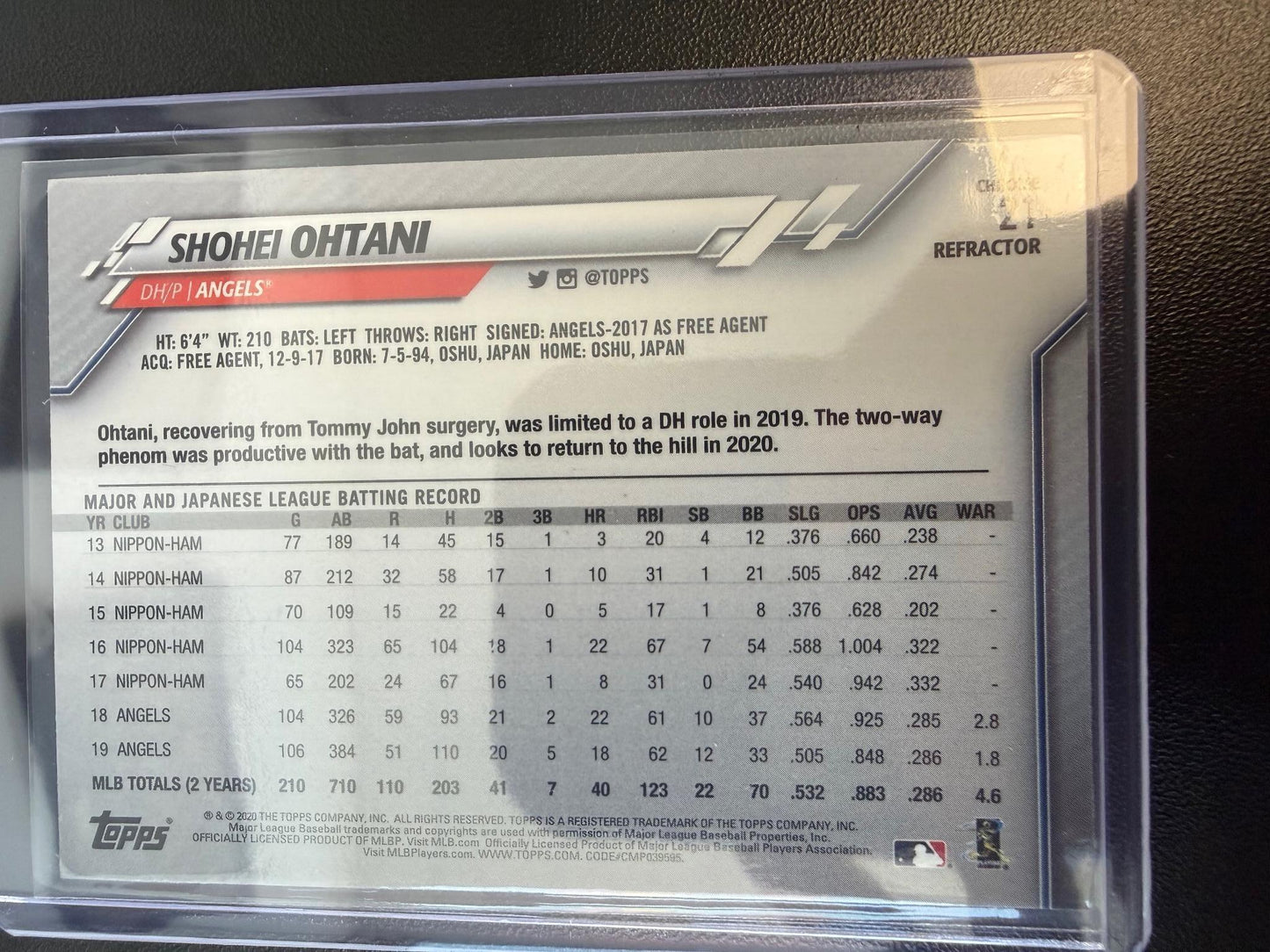 2020 Topps Chrome #21 Shohei Ohtani Pink Refractor