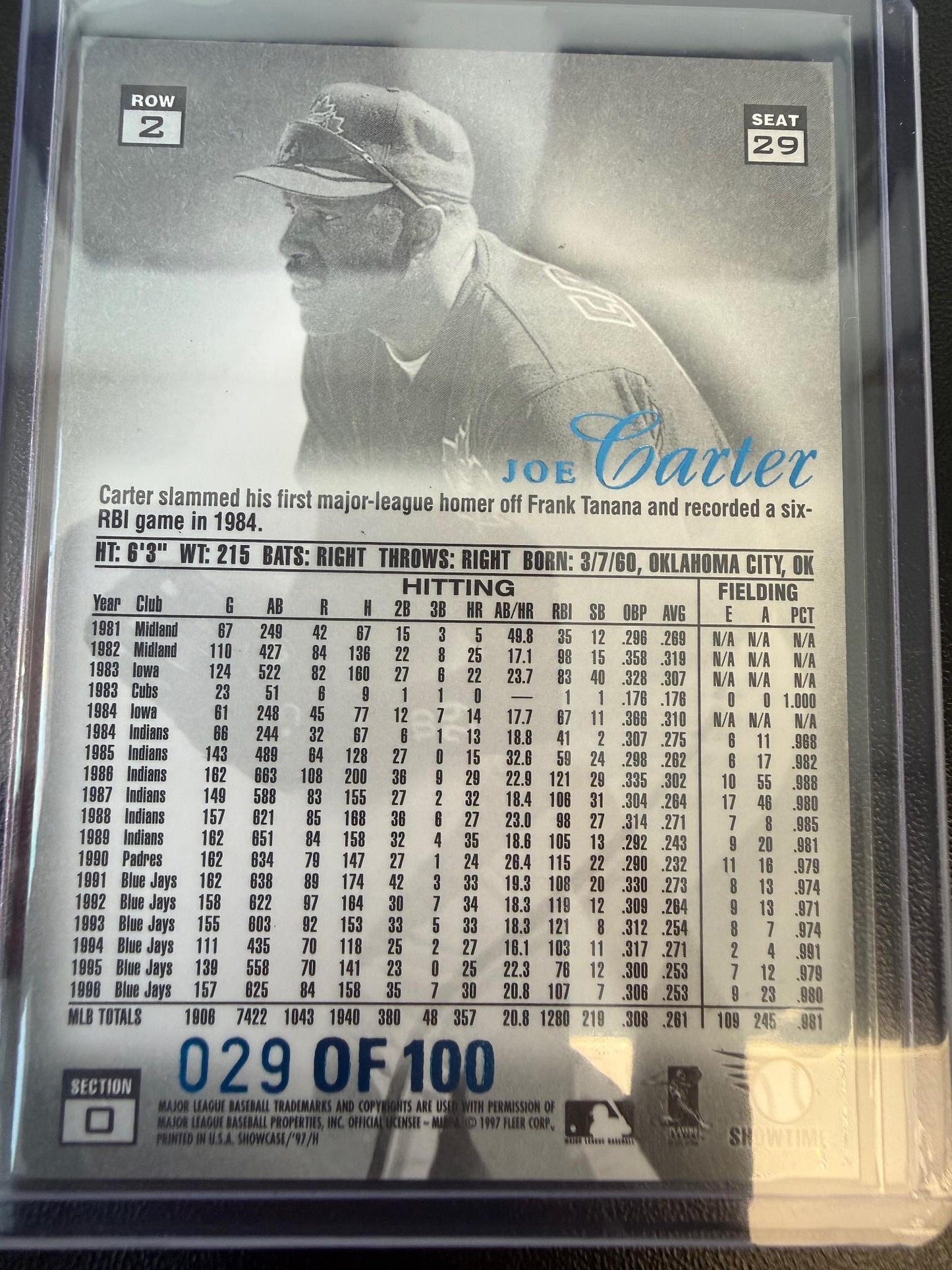 1997 Flair Showcase #29 Joe Carter Legacy Collection Row 0 (Showcase) #/100