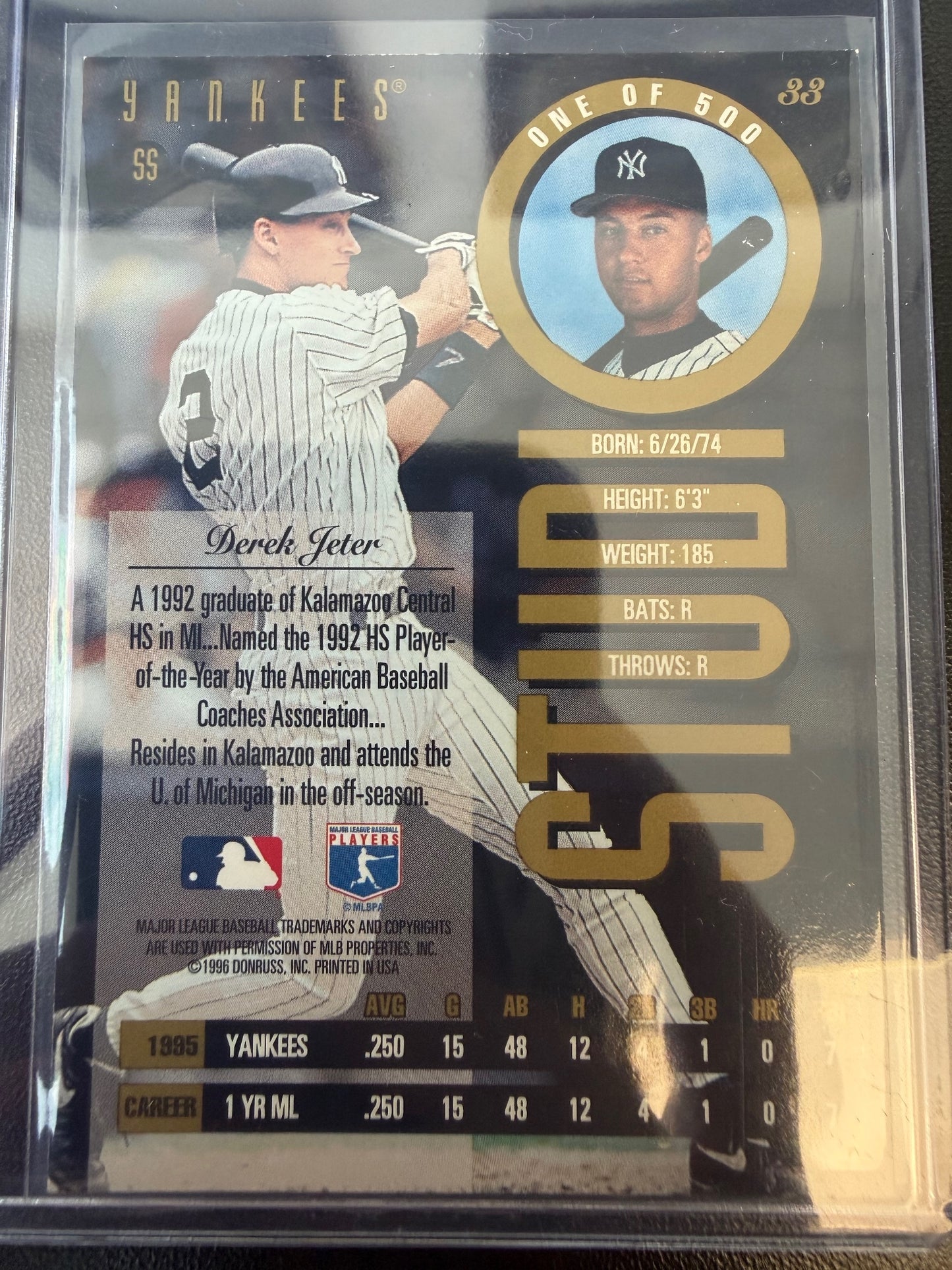 1996 Studio #33 Derek Jeter Press Proofs Gold