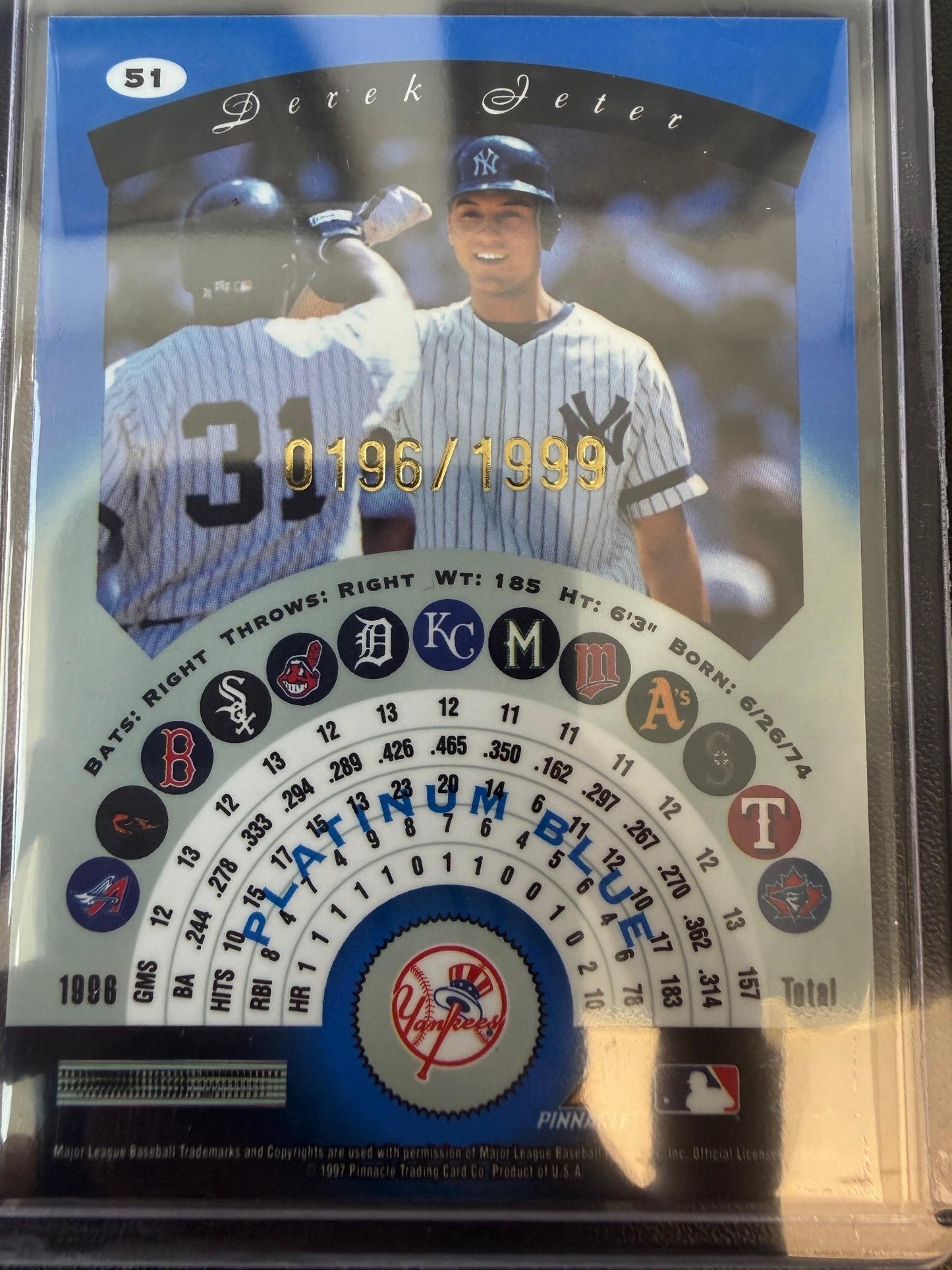 1997 Pinnacle Totally Certified #51 Derek Jeter Platinum Gold #/30