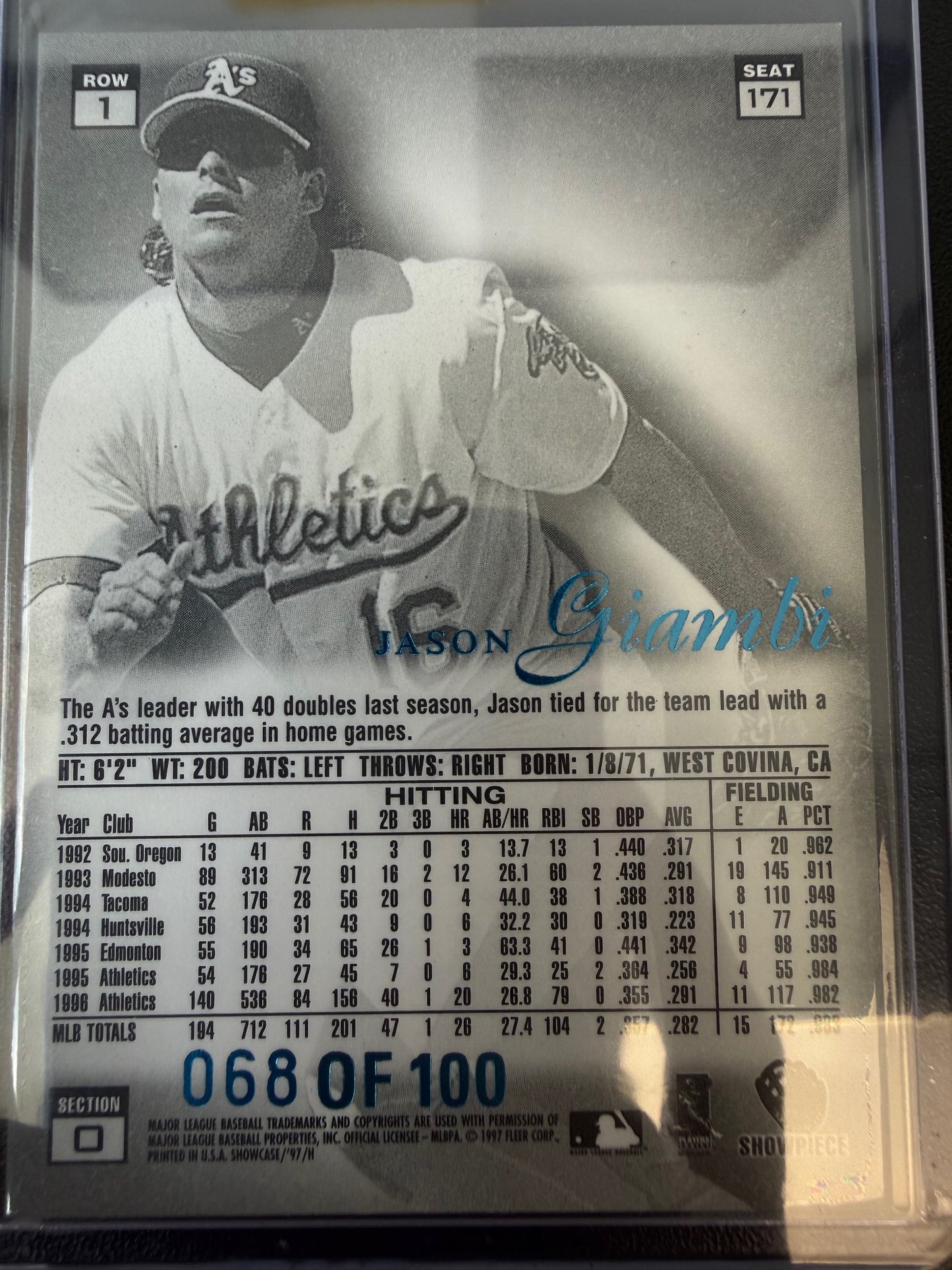 1997 Flair Showcase #171 Jason Giambi Legacy Collection Row 1 (Grace) #/100