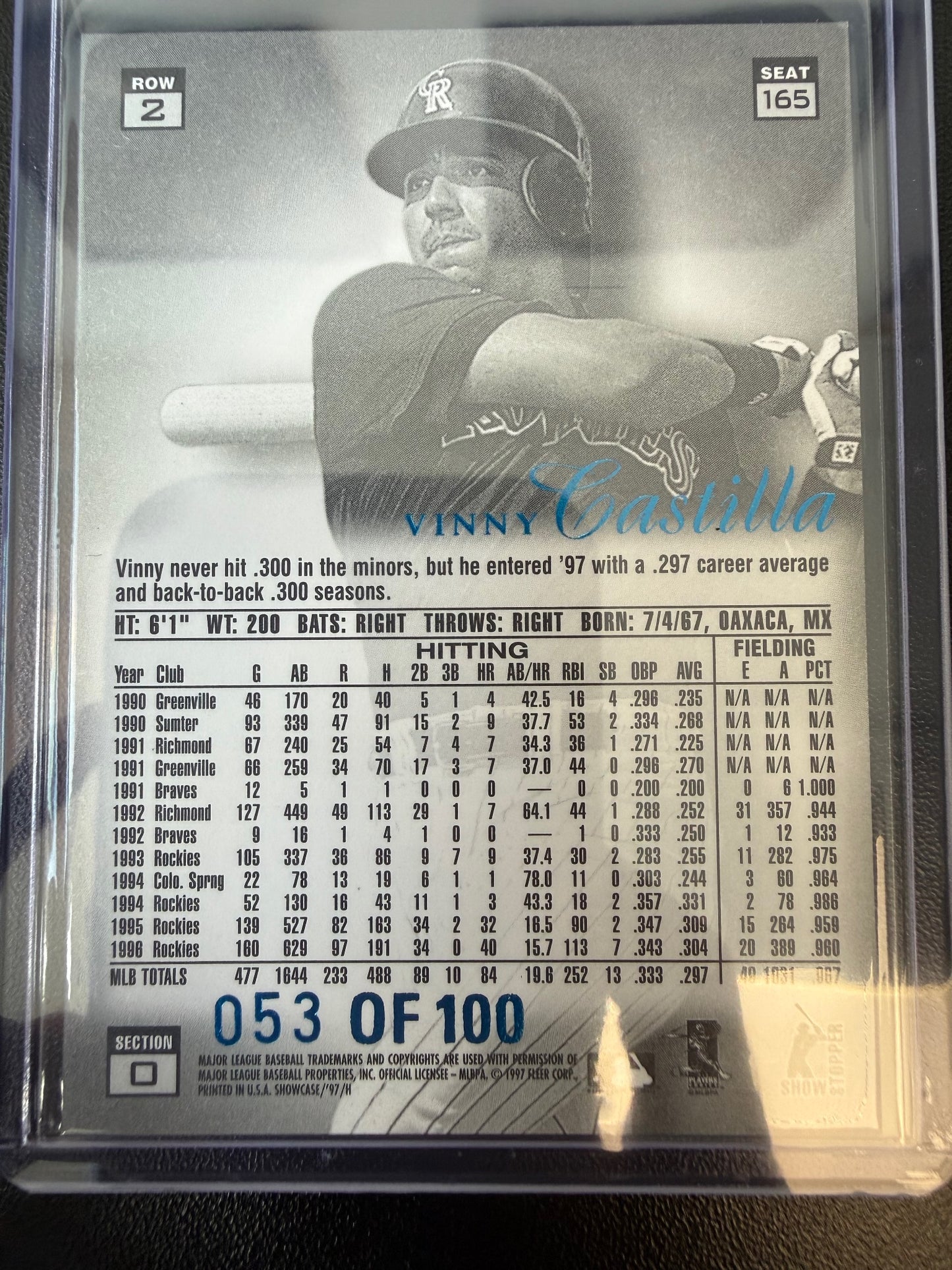 1997 Flair Showcase #165 Vinny Castilla Legacy Collection Row 2 (Style) #/100