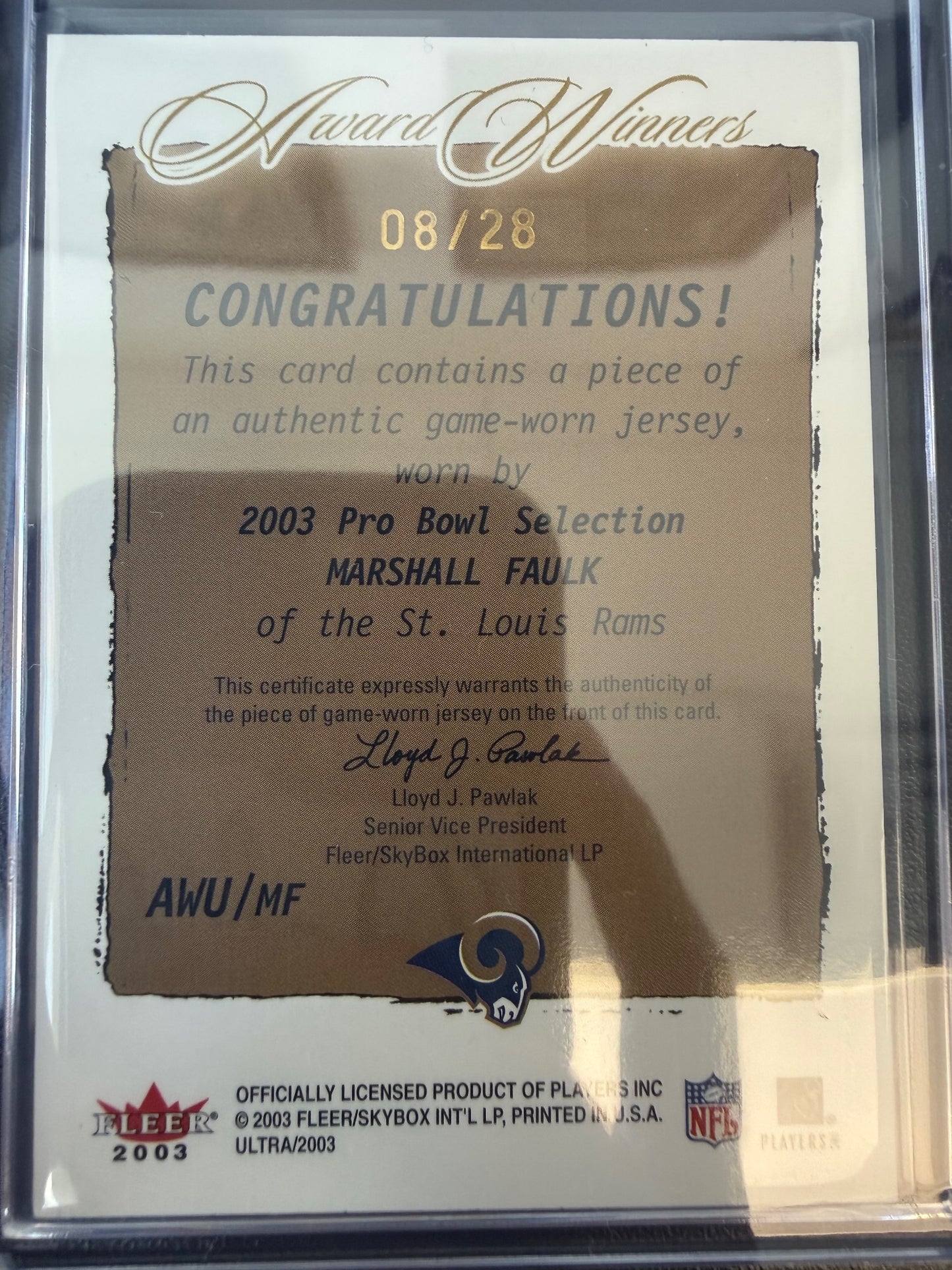 2003 Ultra #AW/MF Marshall Faulk Award Winners Memorabilia