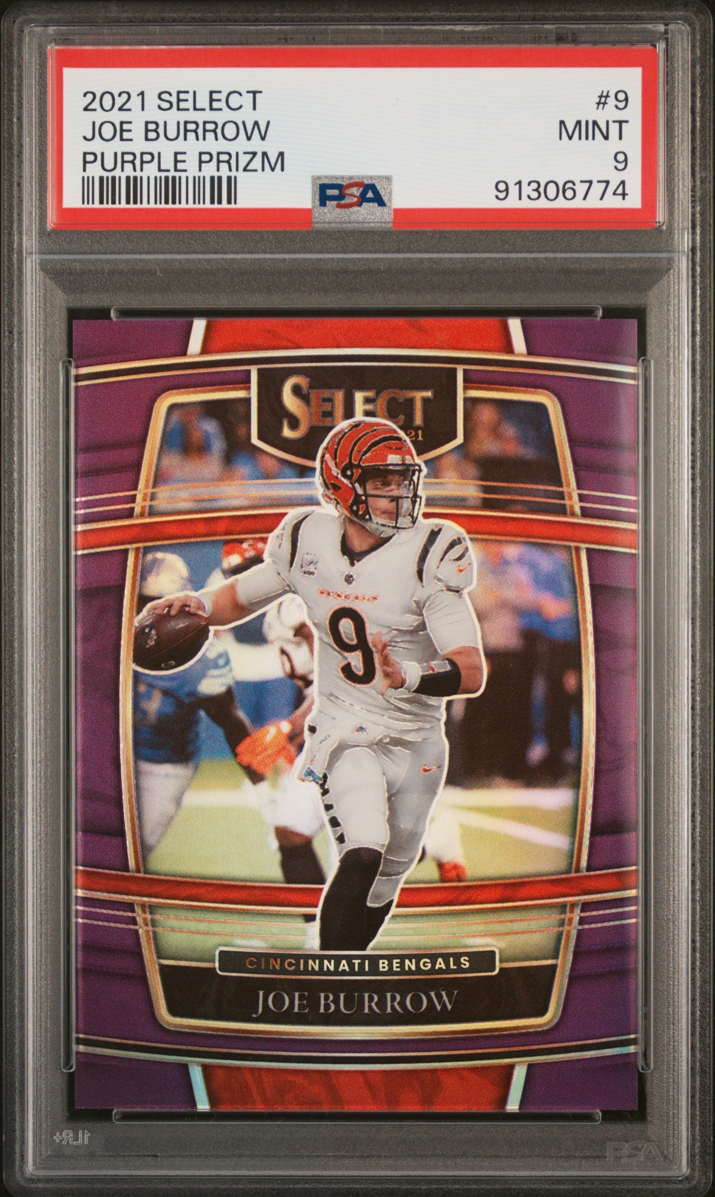 2021 Panini Select #9 Joe Burrow Purple Prizm PSA 9