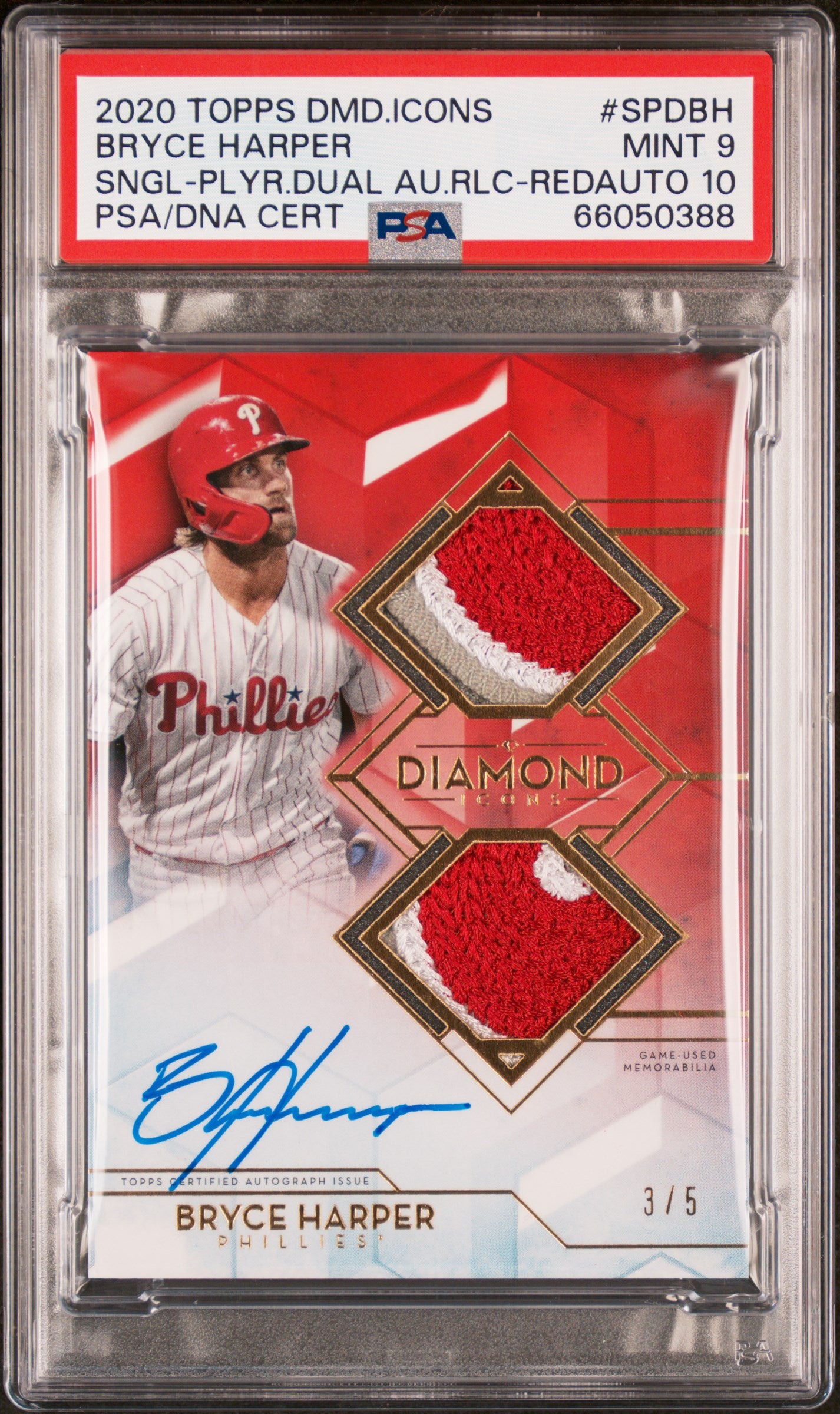 2020 Topps Diamond Icons Auto Relics #SPDBH Bryce Harper #3/5 JRSY # PSA 9
