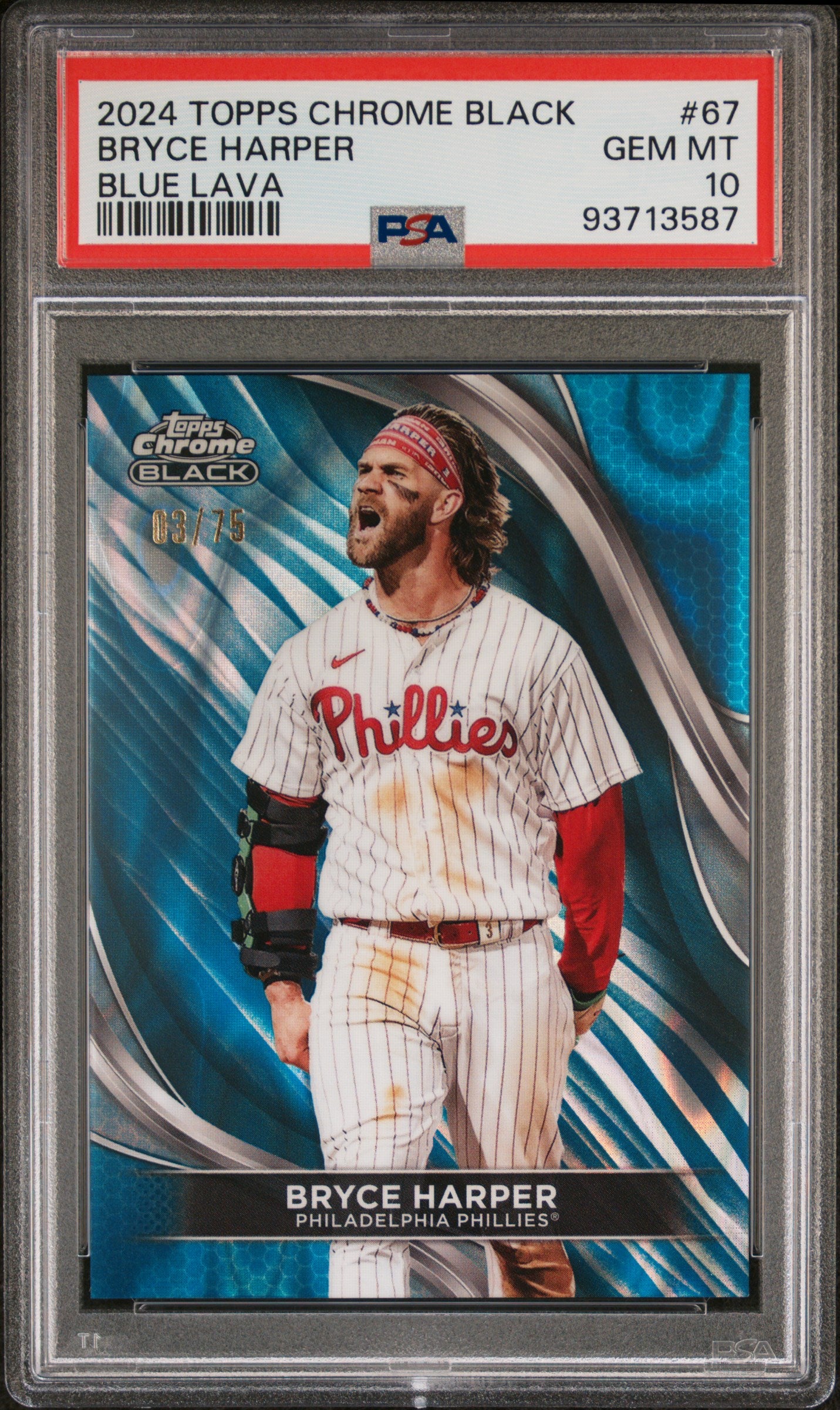 2024 Topps Chrome Black #67 Bryce Harper Blue Lava JERSEY # 3/75 PSA 10