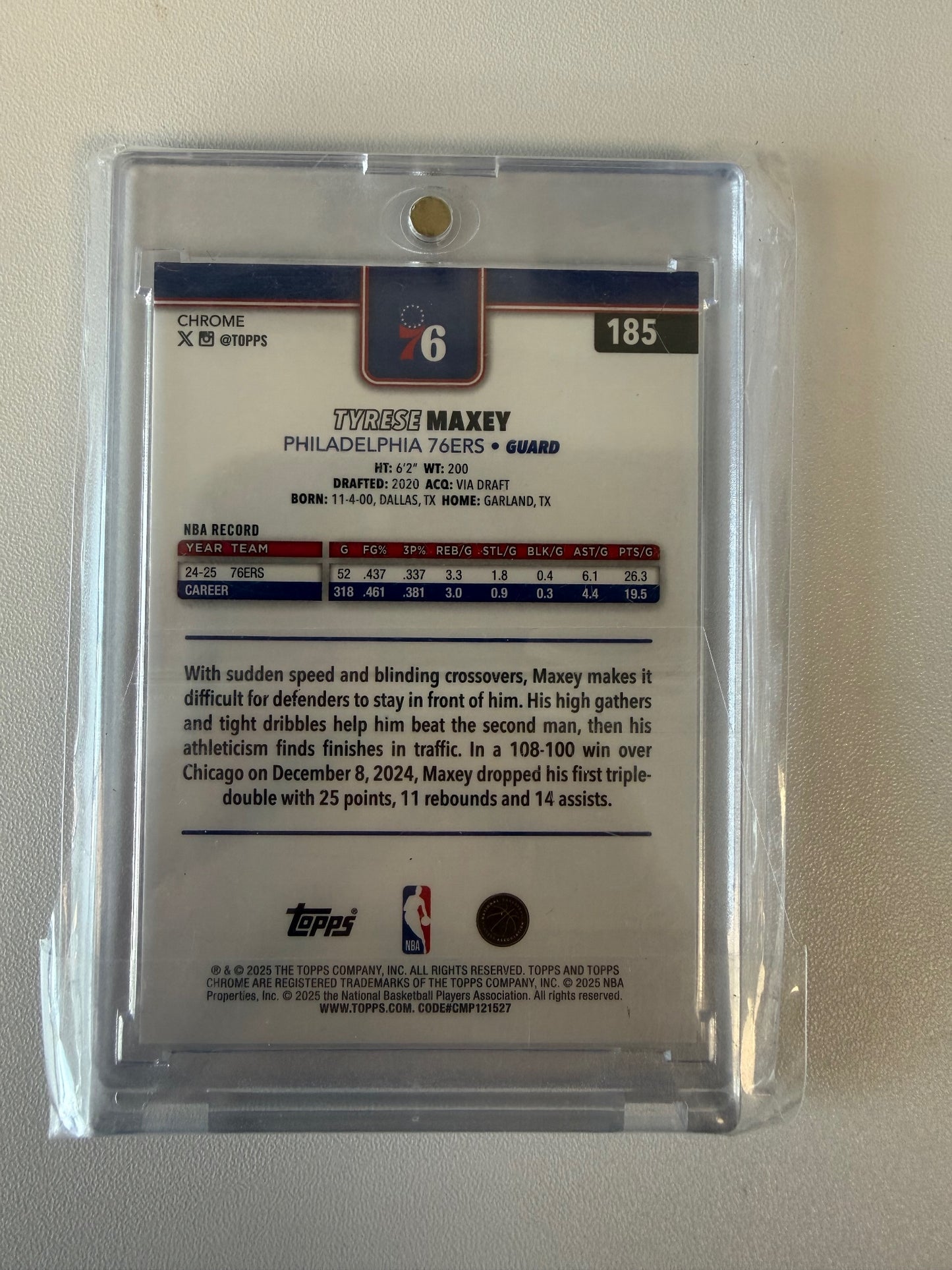 2025-26 Topps Chrome Sapphire Edition #185 Tyrese Maxey Gold Sapphire #/50