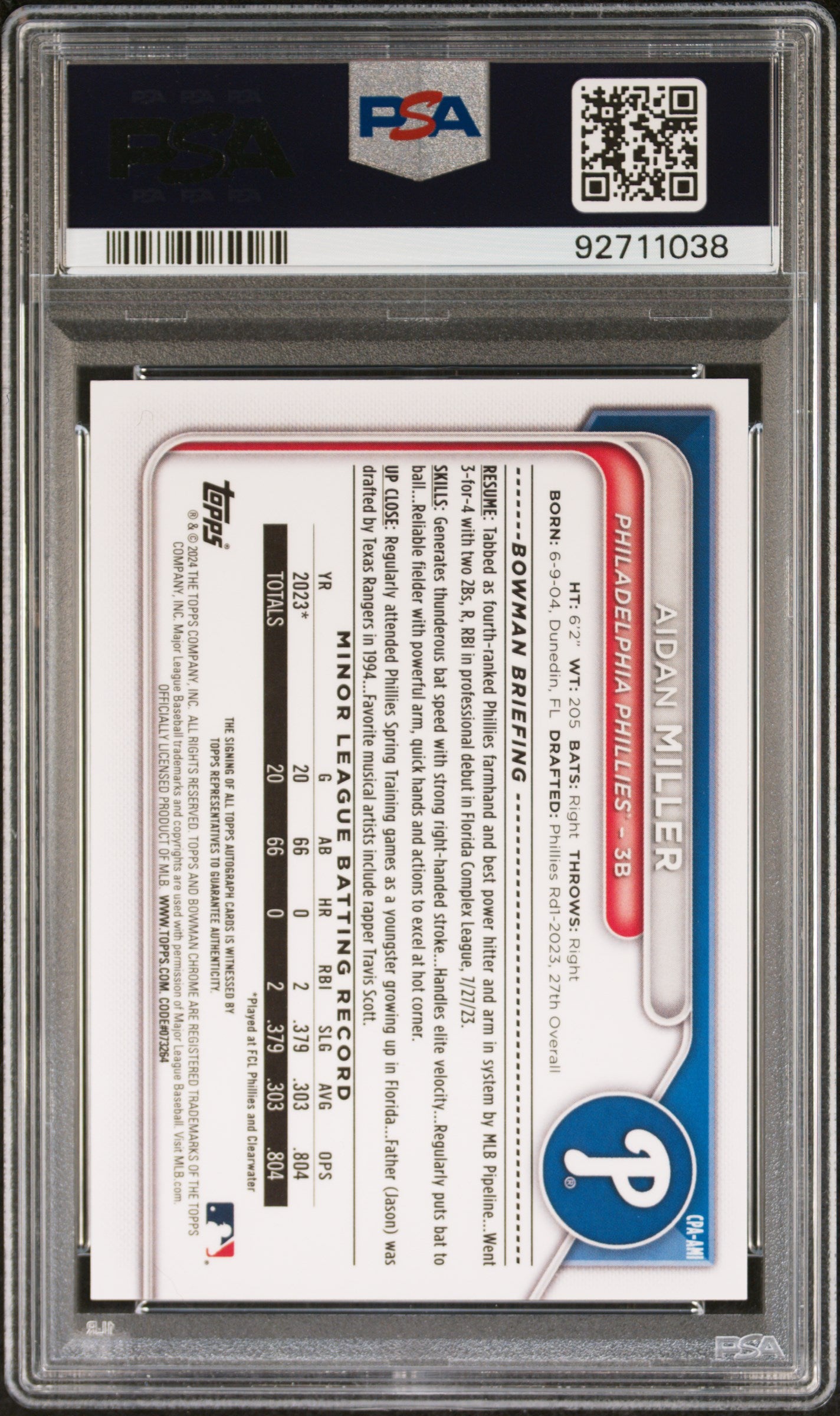 2024 Bowman Chrome Prospect Autographs #CPAAMI Aidan Miller PSA 10