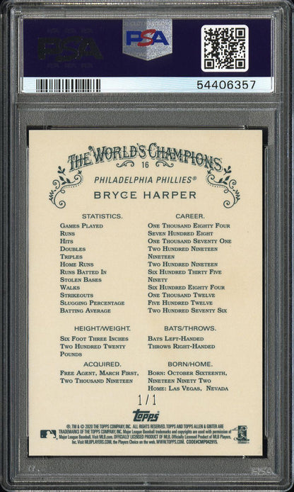 2020 Topps Allen & Ginter Chrome #16 Bryce Harper Superfractor 1/1 PSA 9