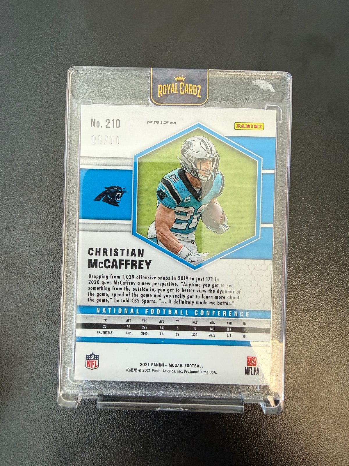 2021 Panini Mosaic #210 Christian McCaffrey Prizm Green Fluorescent #/10