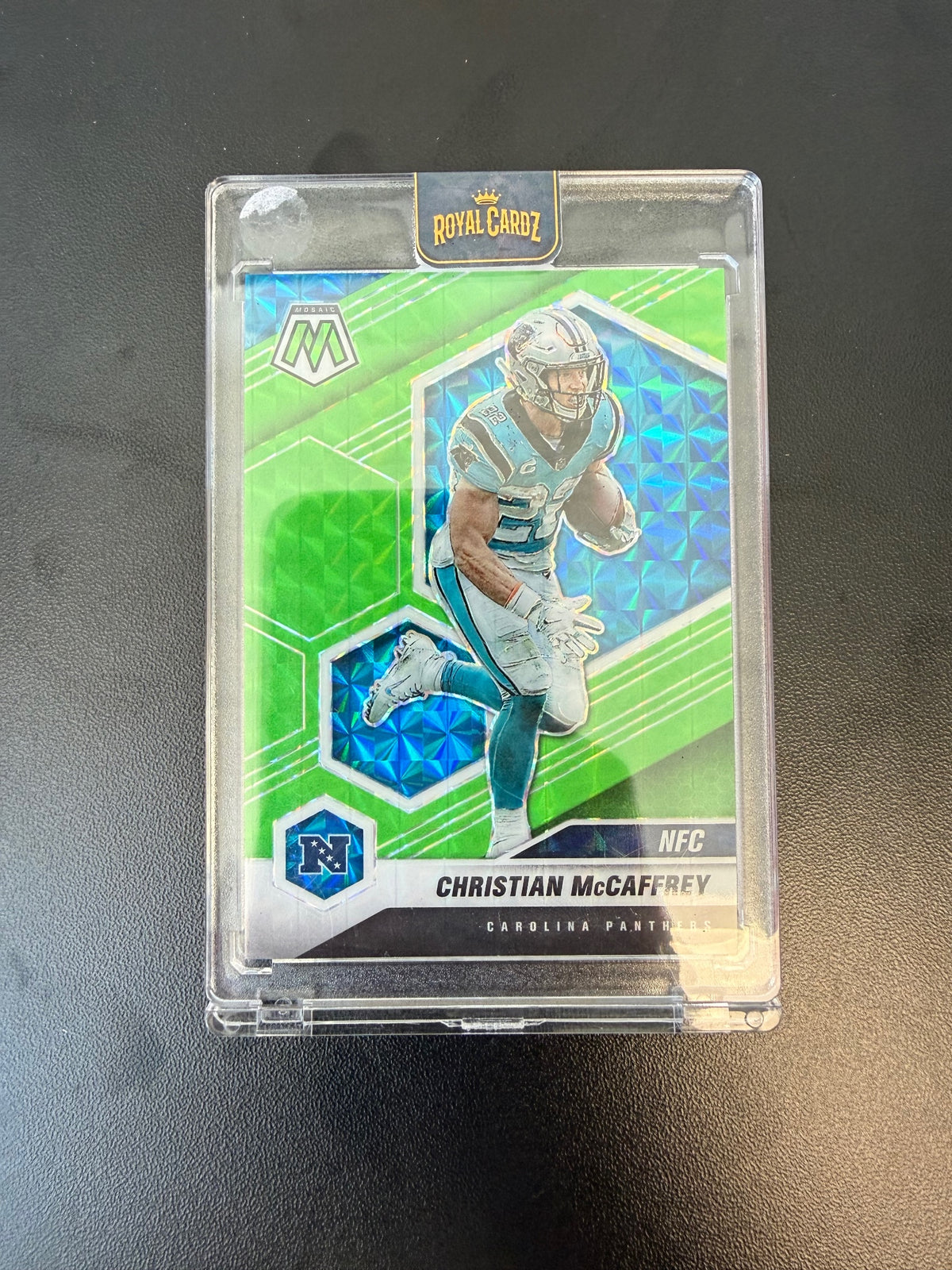 2021 Panini Mosaic #210 Christian McCaffrey Prizm Green Fluorescent #/10
