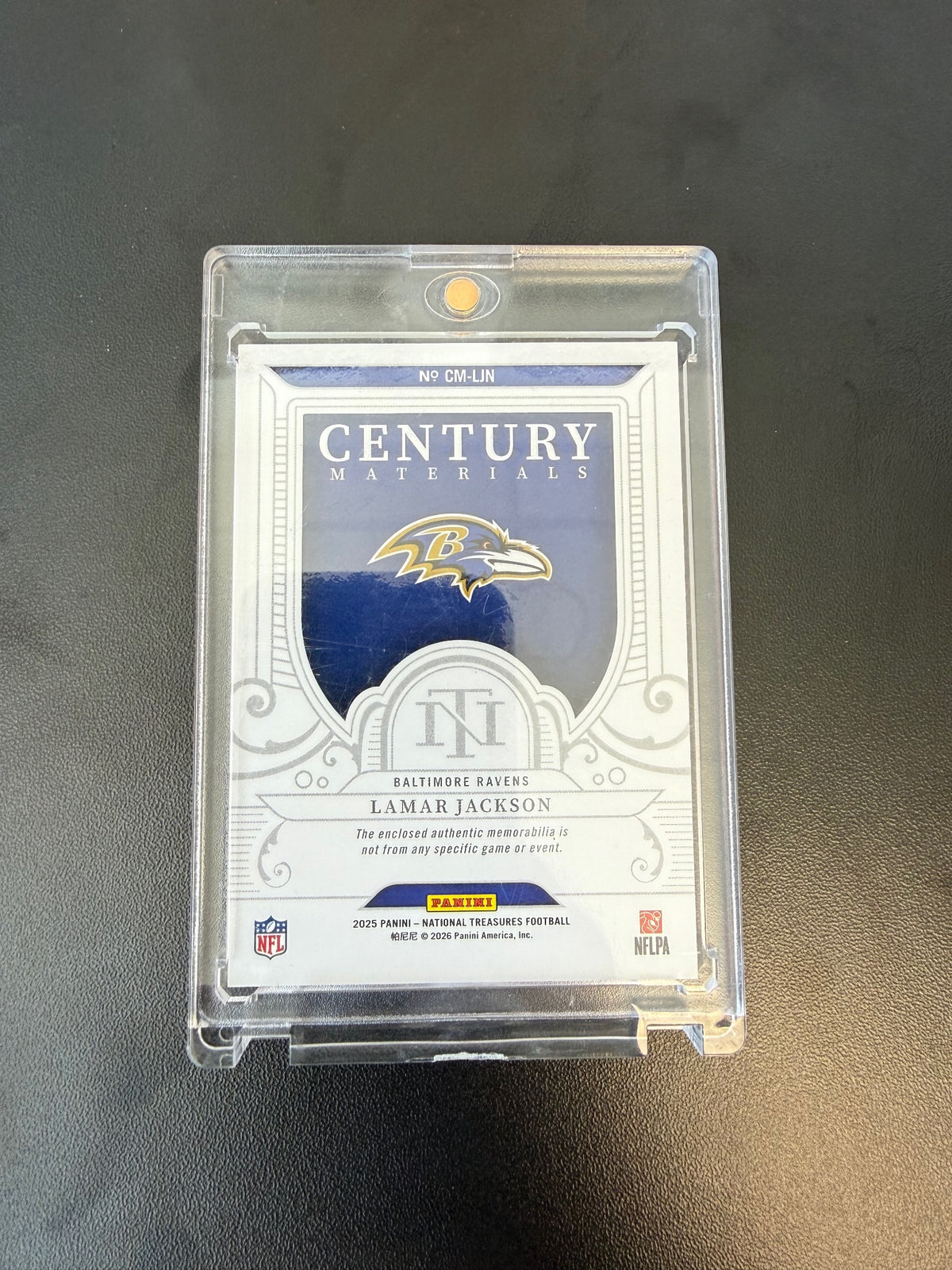 2025 Panini National Treasures #CM-LJN Lamar Jackson Century Materials #/99