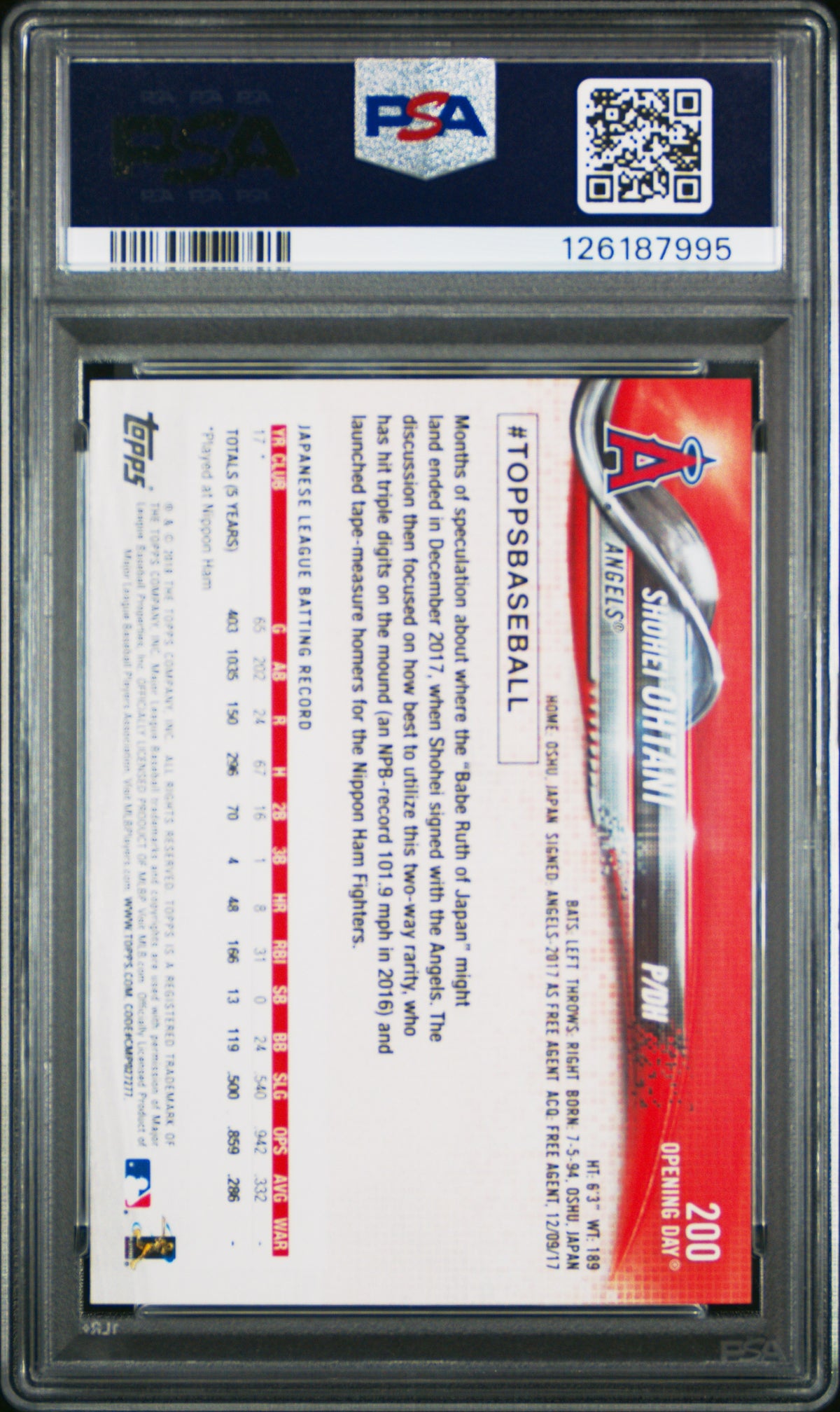 2018 Topps Opening Day #200 Shohei Ohtani PSA 9