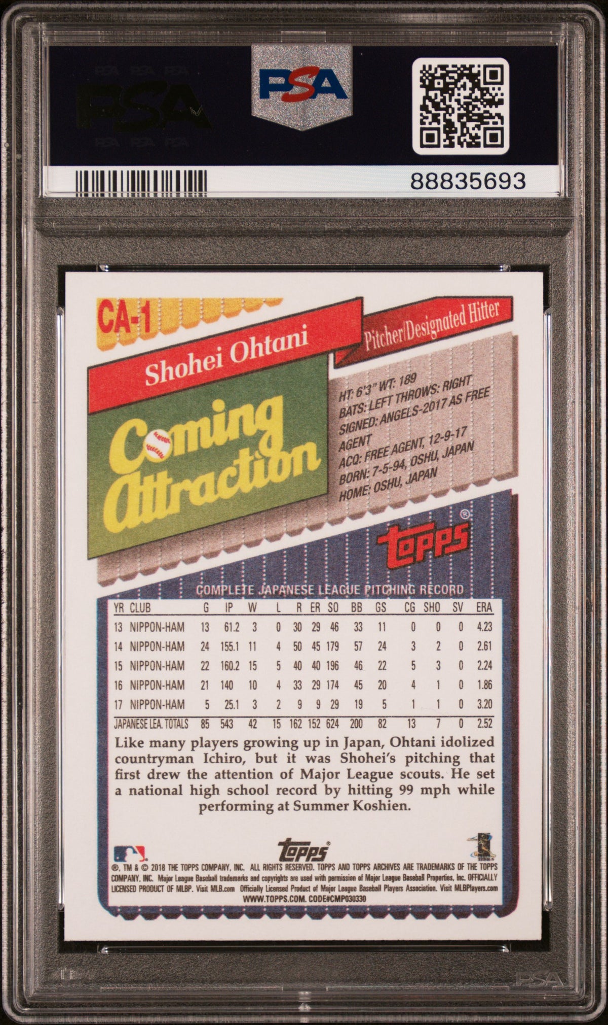2018 Topps Archives  #CA1 Shohei Ohtani 1993 Coming Attraction PSA 9