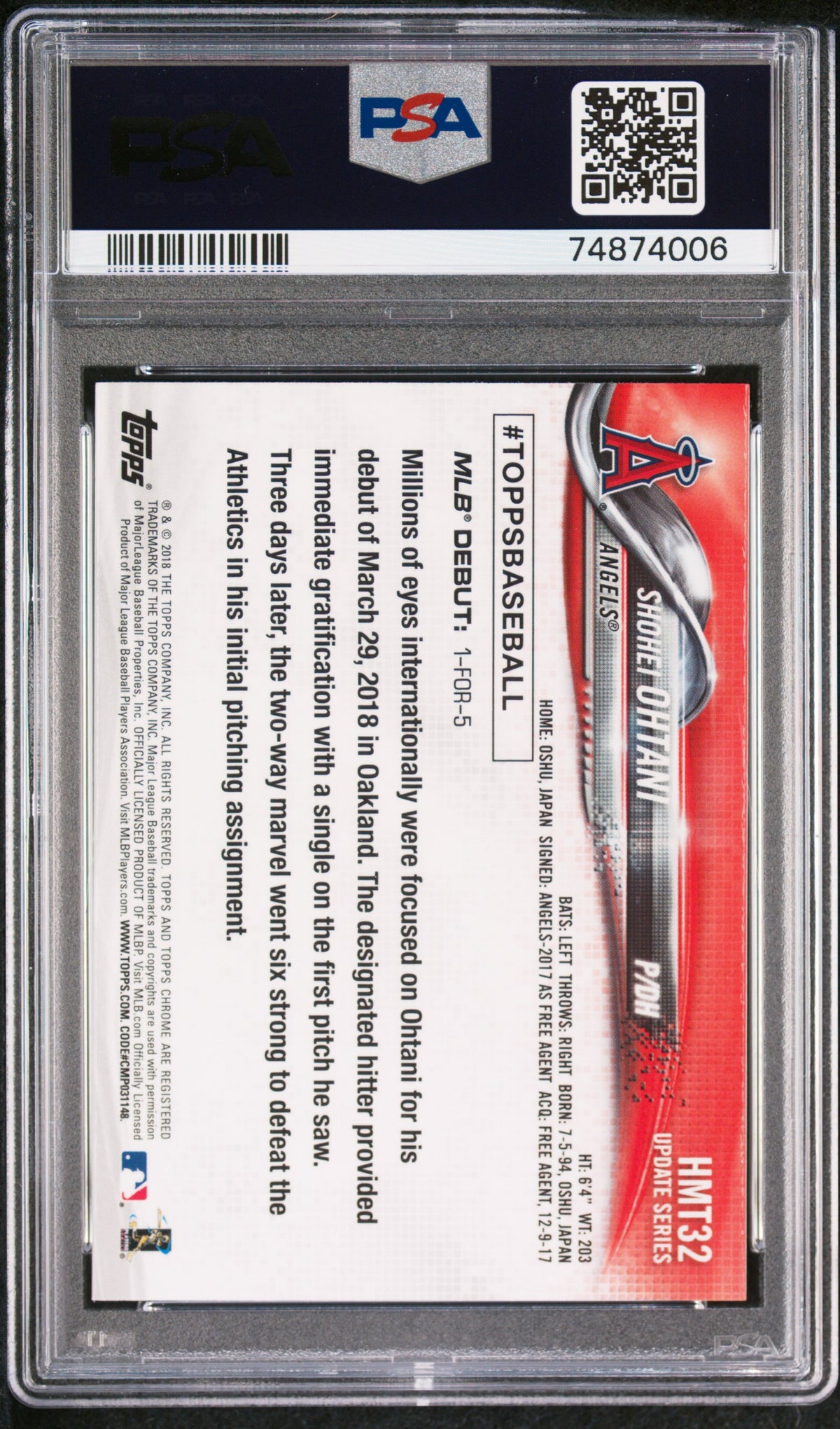 2018 Topps Chrome Update #HMT32 Shohei Ohtani Update PSA 9