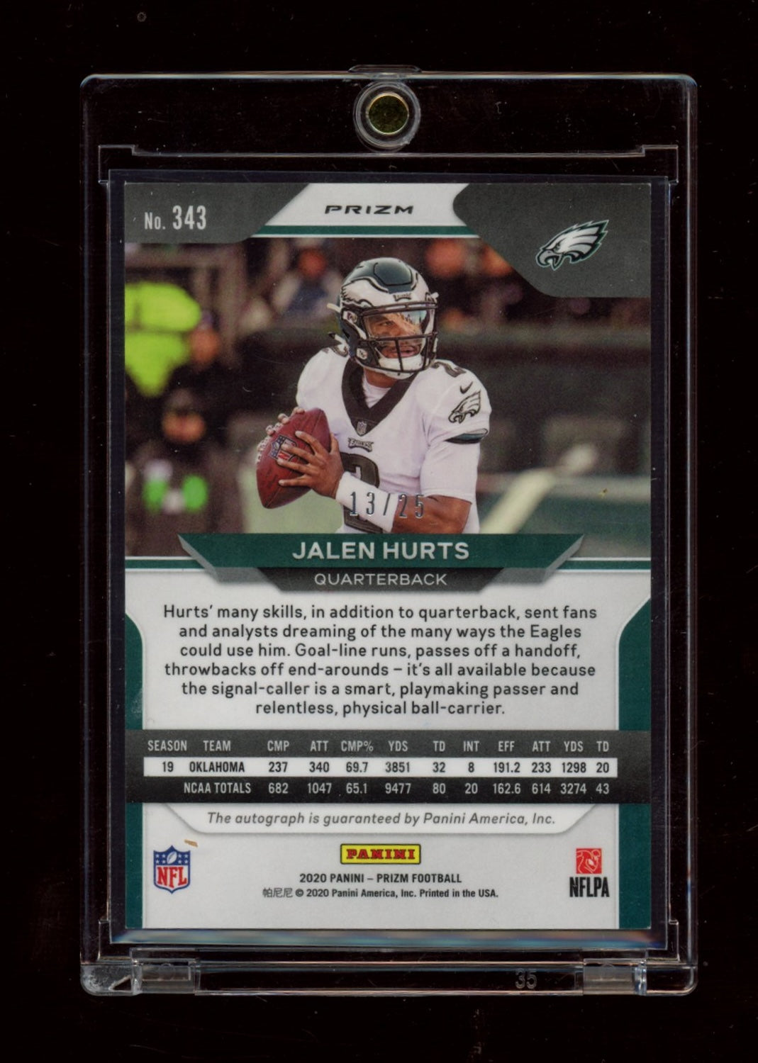 2020 Panini Prizm #343 Jalen Hurts Rookie Autographs Prizm Camo #/25